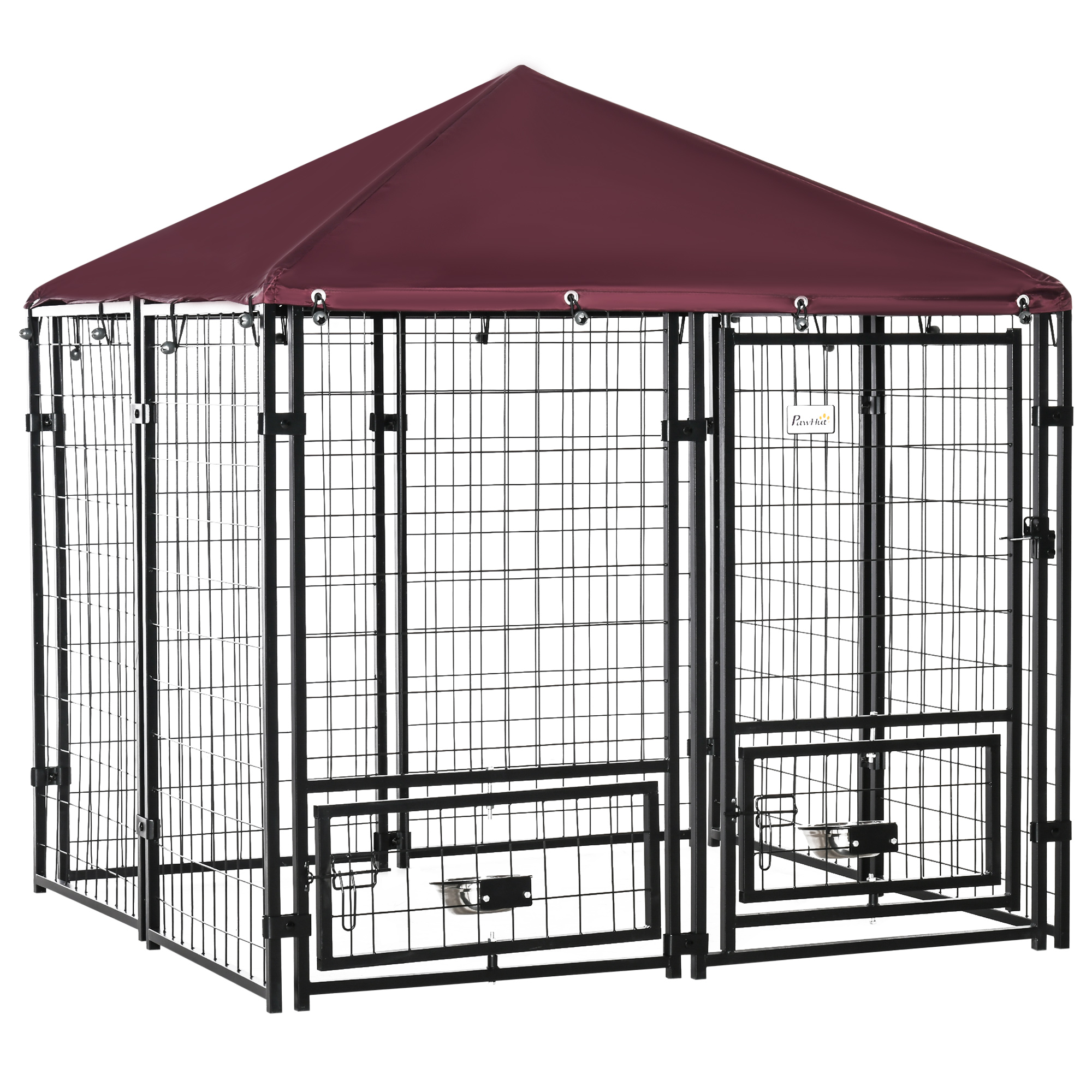 PawHut Outdoor Dog Kennel with Rotating Bowl Holders, Pet Playpen with Waterproof Cover, 4.6' x 4.6' x 5', Red