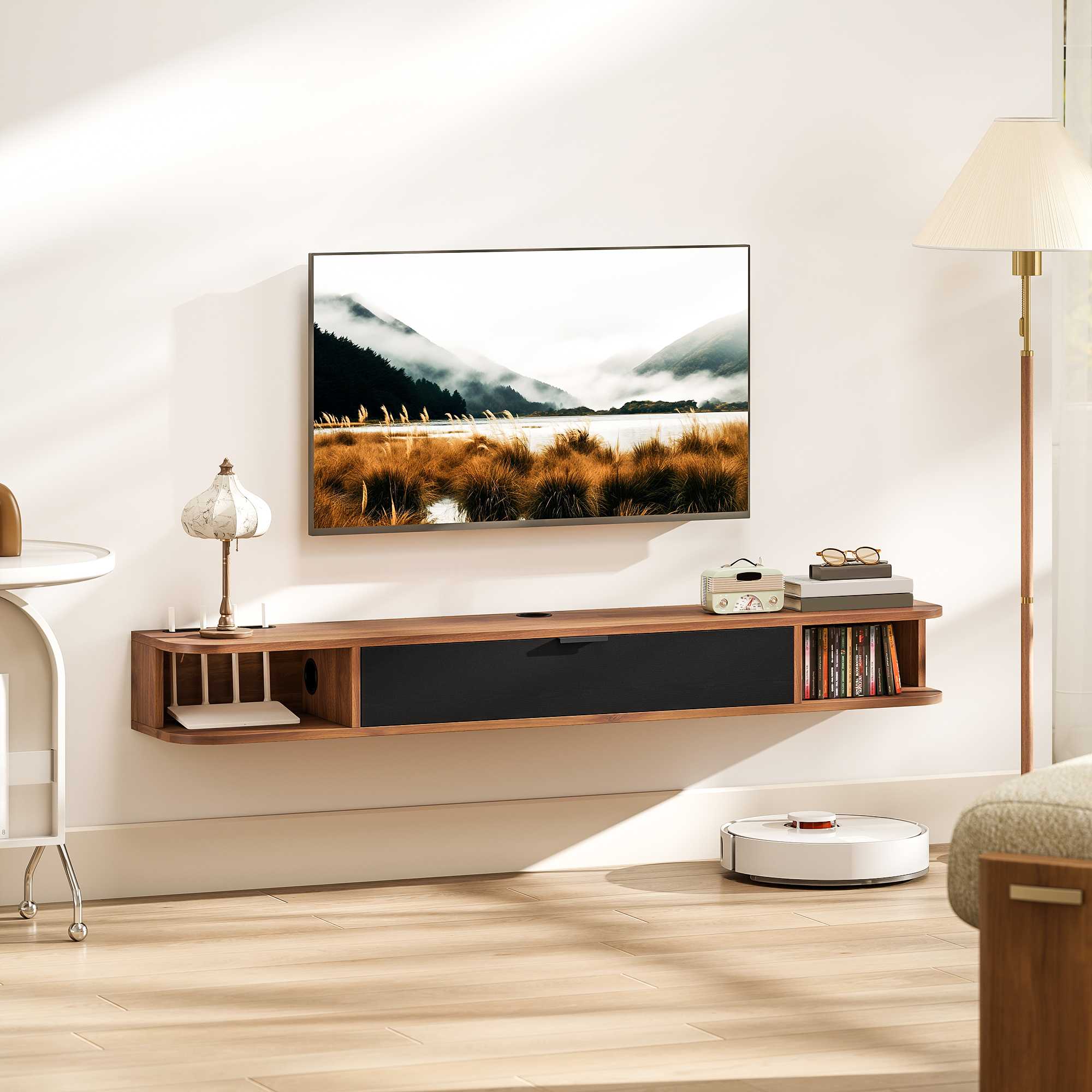 HOMCOM 55" Floating TV Stand for TVs up to 60 Inch, Wall Mounted Media Console with Flip Drawer and 2 Open Shelves, Walnut Aosom Canada