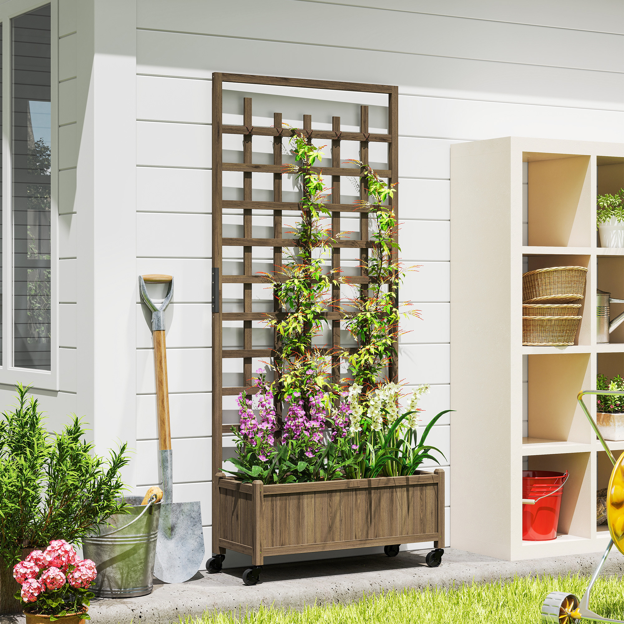 Outsunny Wooden Planter with Trellis, Raised Garden Bed with Wheels, Drainage Holes for Climbing Plants, Flowers, Brown Aosom Canada
