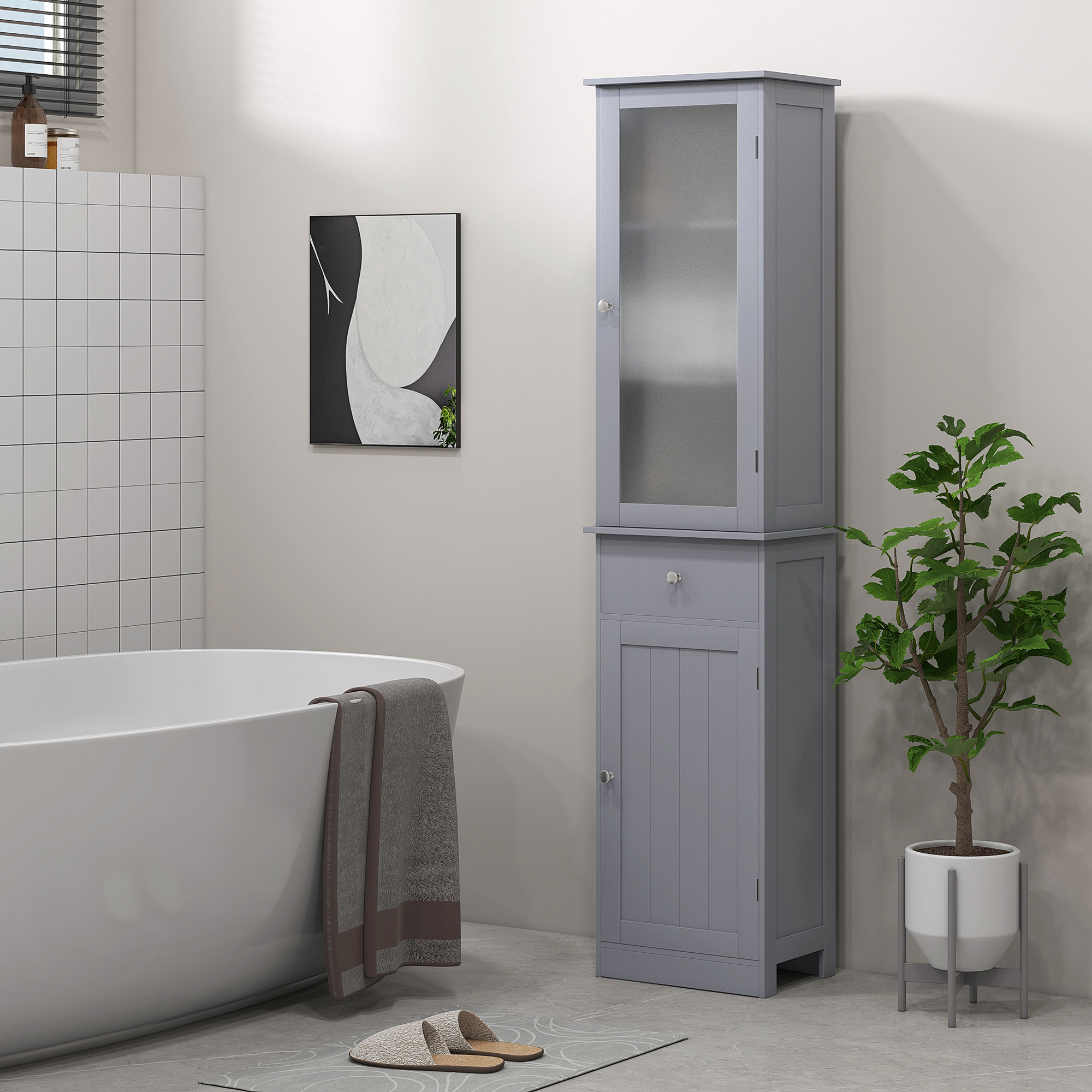 kleankin Tall Bathroom Storage Cabinet with Drawers 2 Doors Adjustable Shelves Space Saving Furniture Narrow Design Grey Aosom Canada