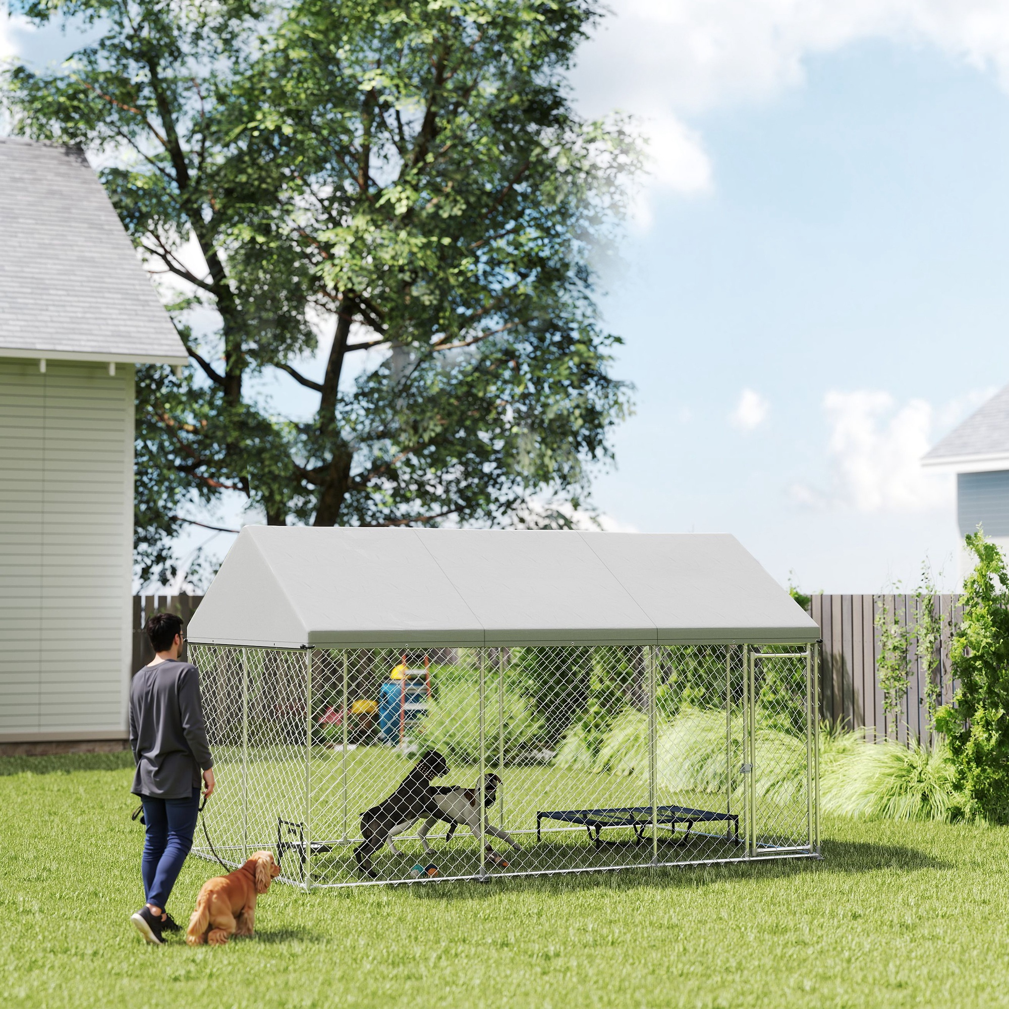 PawHut Galvanized Steel Outdoor Dog Kennel with Roof, Safety Lock, for Backyard, 13.1' x 7.5' x 7.8' Aosom Canada