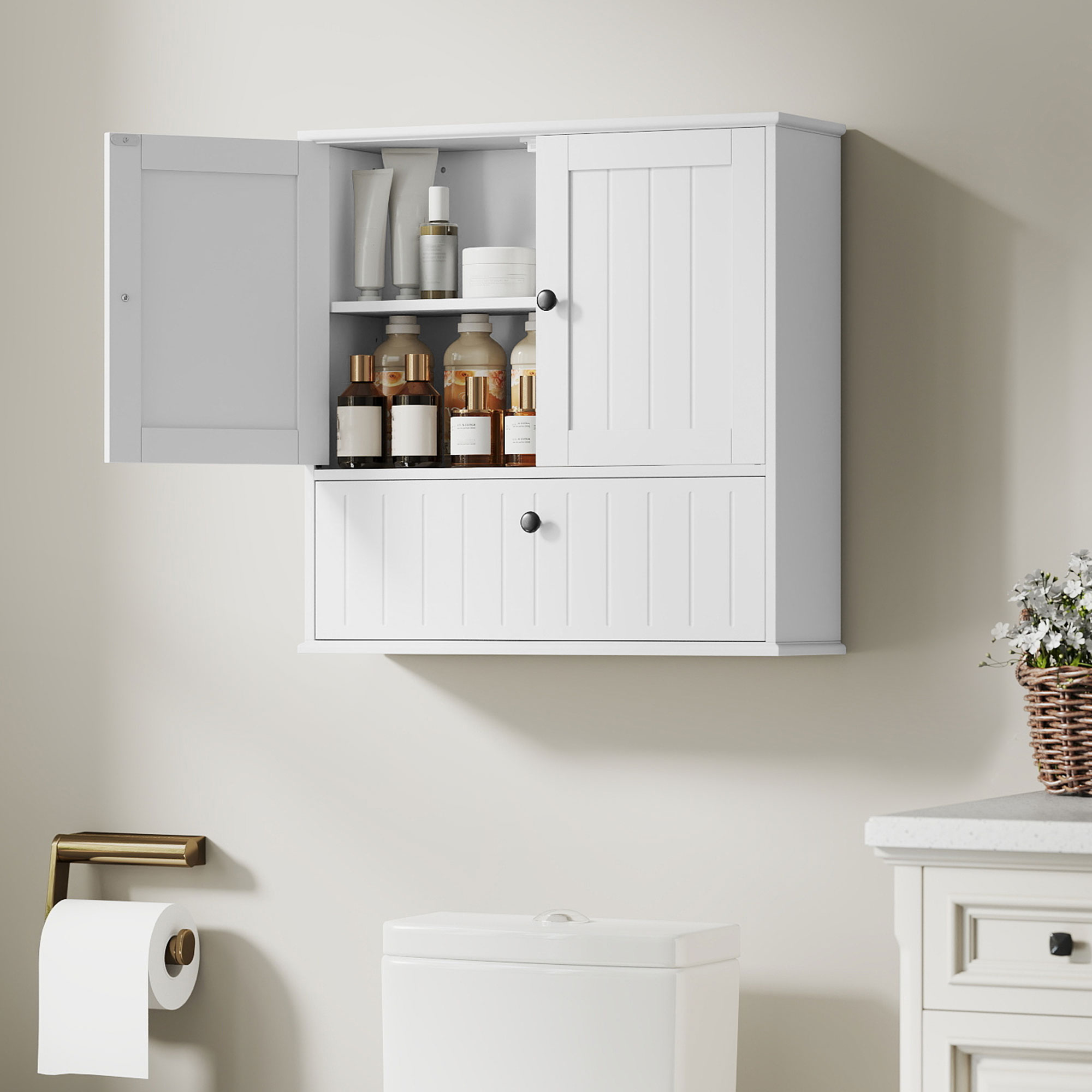 HOMCOM Bathroom Wall Cabinet, Farmhouse Medicine Cabinet with Adjustable Shelves and Flip-Down Door, Over The Toilet, White Aosom Canada
