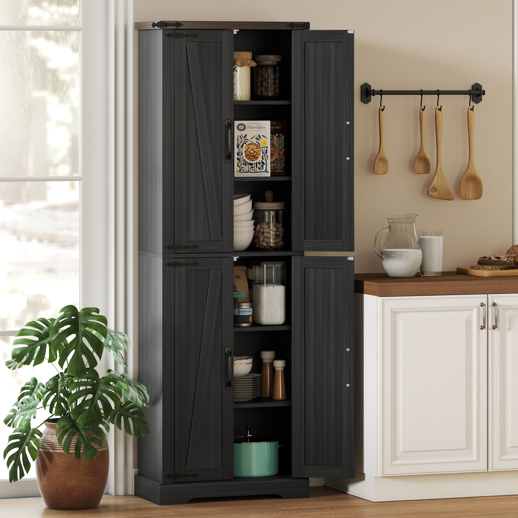 HOMCOM 72" Pantry Cabinet, Farmhouse Freestanding Kitchen Storage Cabinet with Adjustable Shelves for Dining Room, Black Aosom Canada