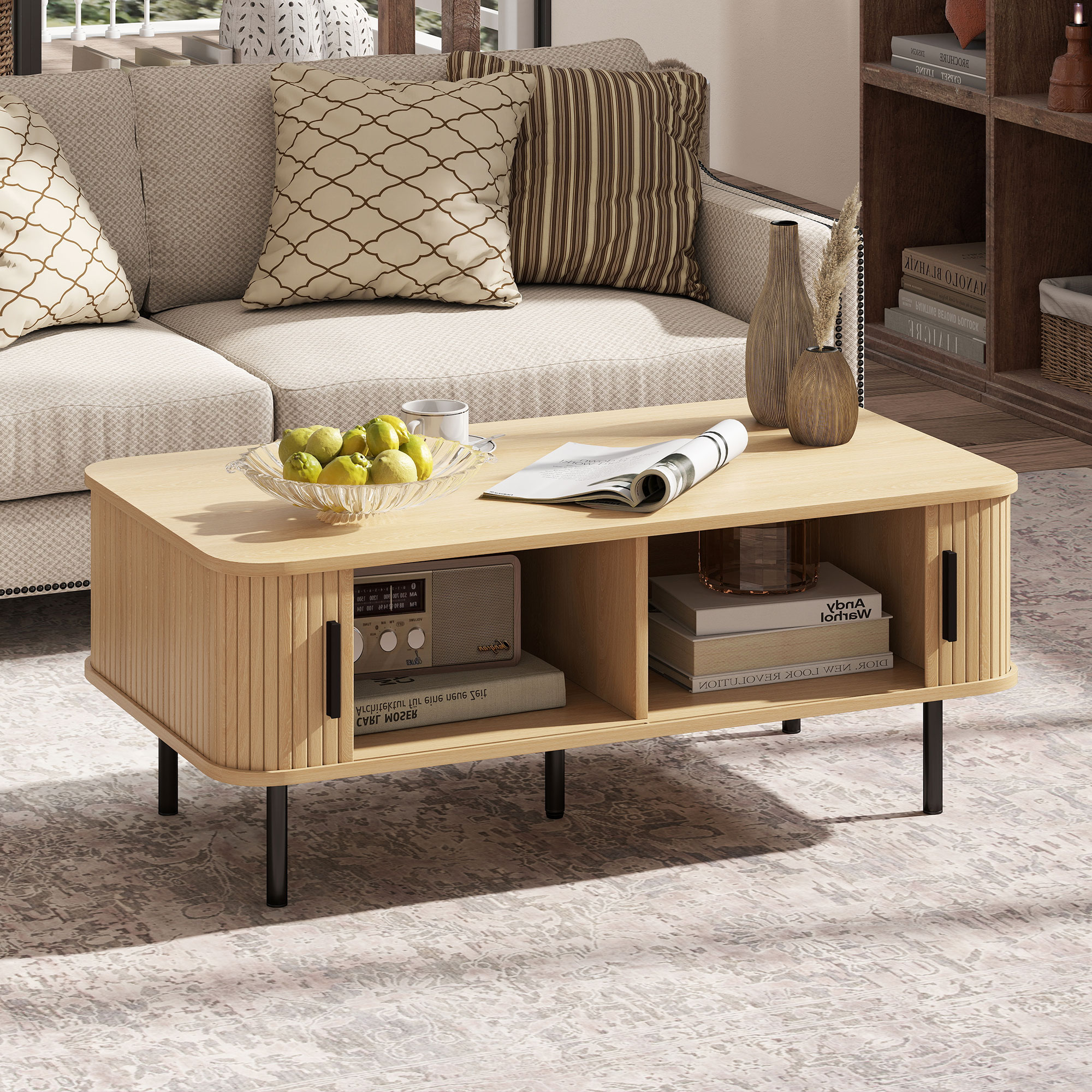 HOMCOM Coffee Table with Storage, Nordic Side Table with Slatted Tambour Sliding Doors and Steel Legs for Living Room, Oak Aosom Canada