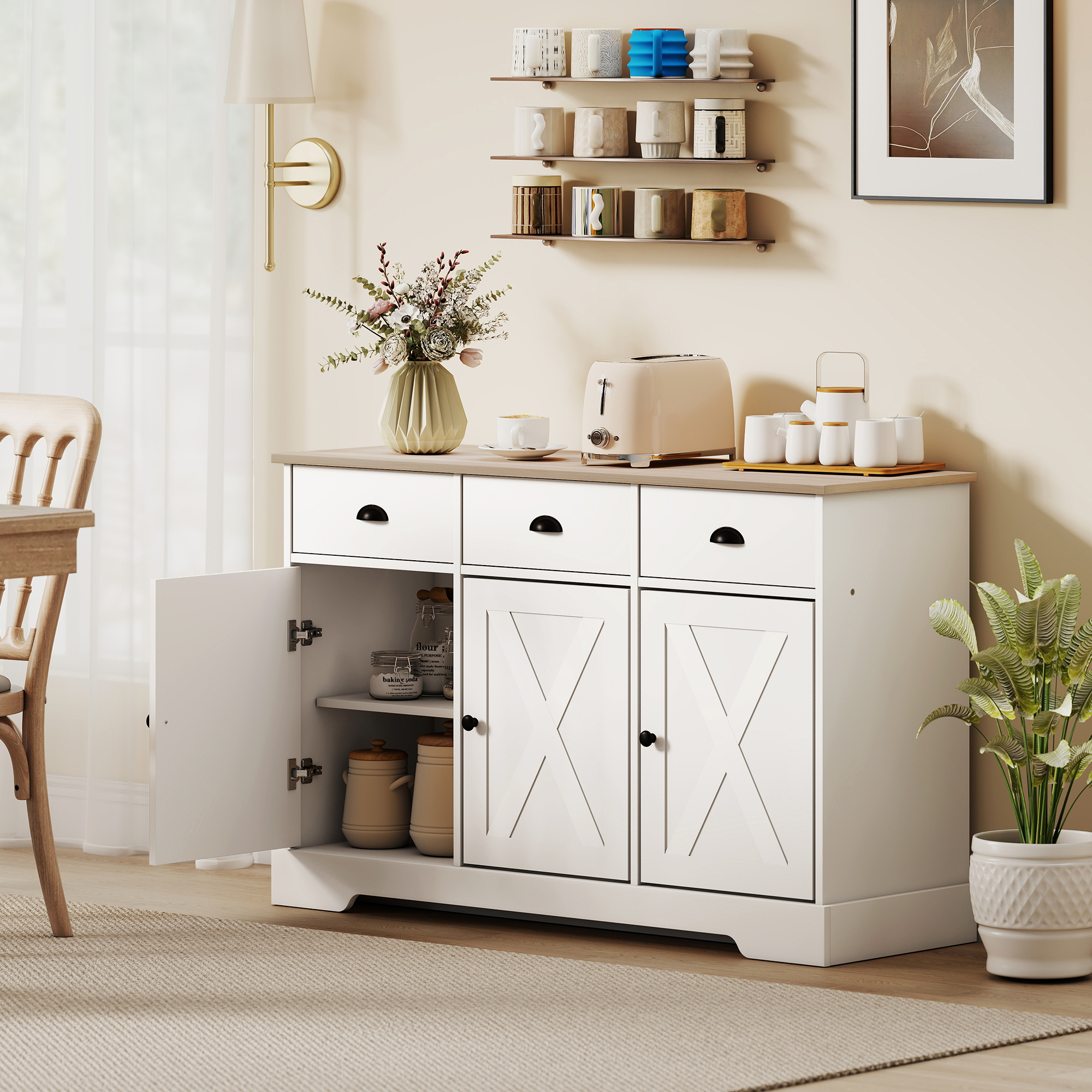 HOMCOM 46.5" Buffet Cabinet, Farmhouse Sideboard with 3 Barn Doors and 3 Drawers for Living Room, Kitchen, White Aosom Canada