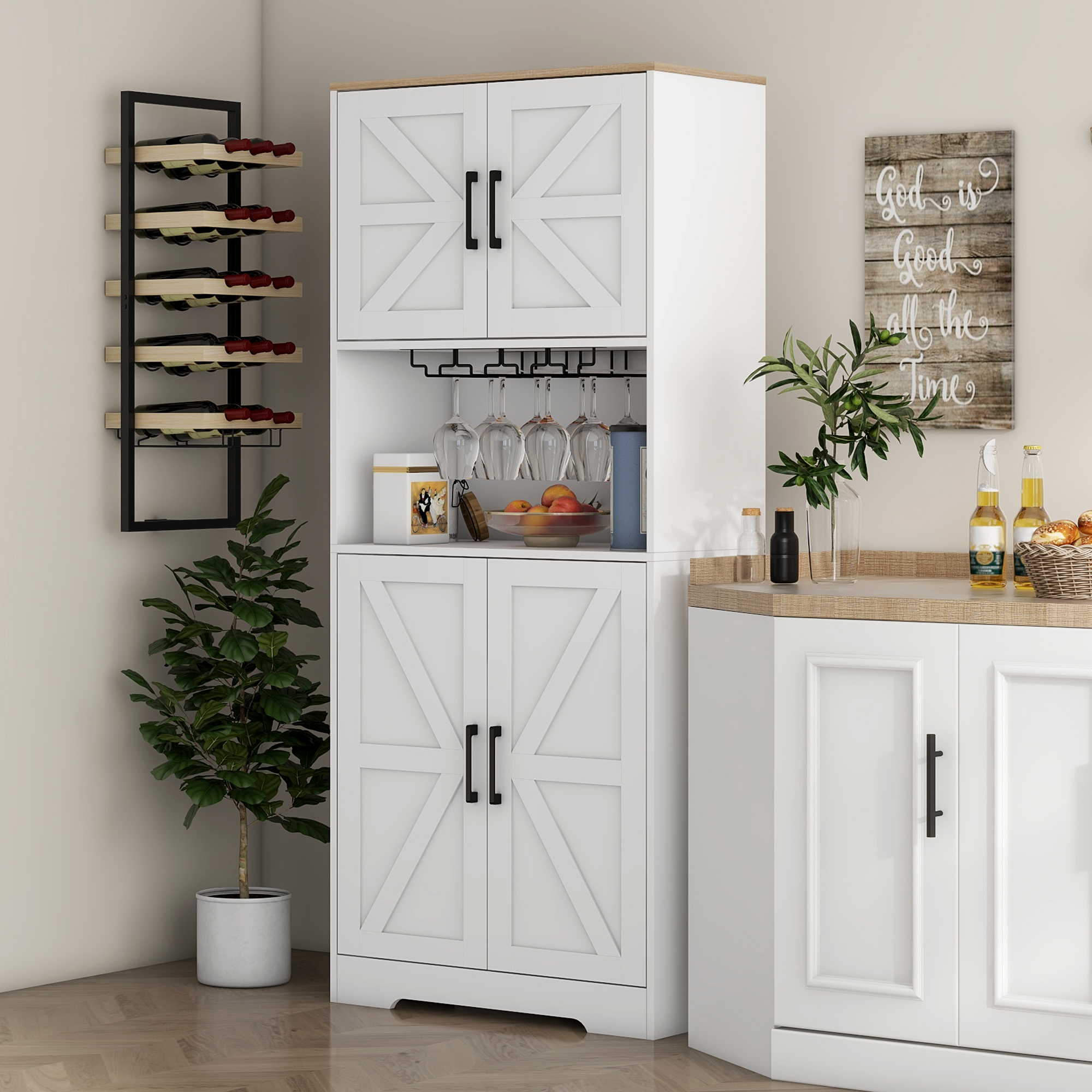 HOMCOM Farmhouse Kitchen Pantry, 68" Freestanding Hutch Storage Cabinet with Microwave Oven Countertop, White Aosom Canada