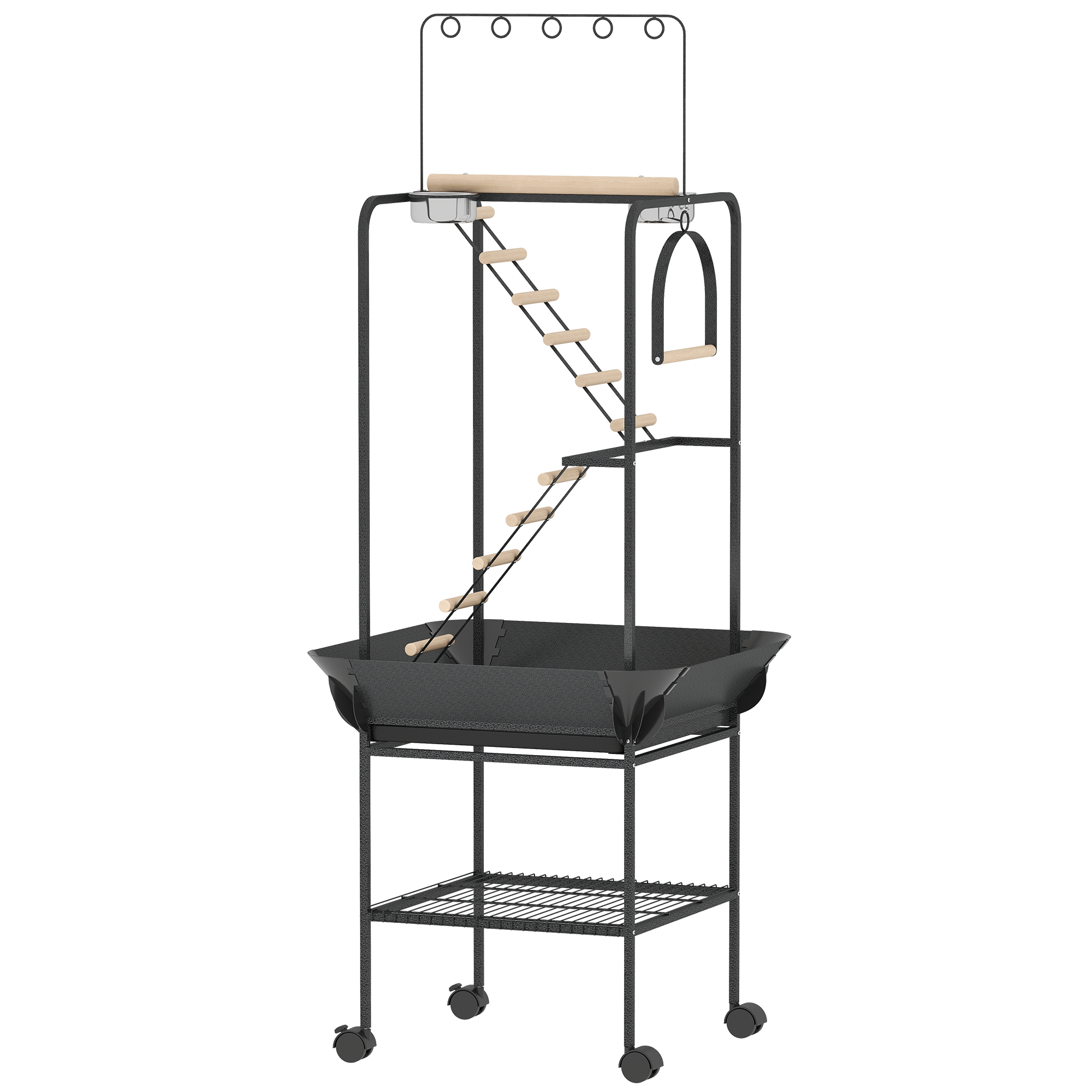 PawHut 64"H Rolling Bird Playground Parrot Stand with Seed Guard & Wheels, Ladders, Swing, Toy Hook & Bowls
