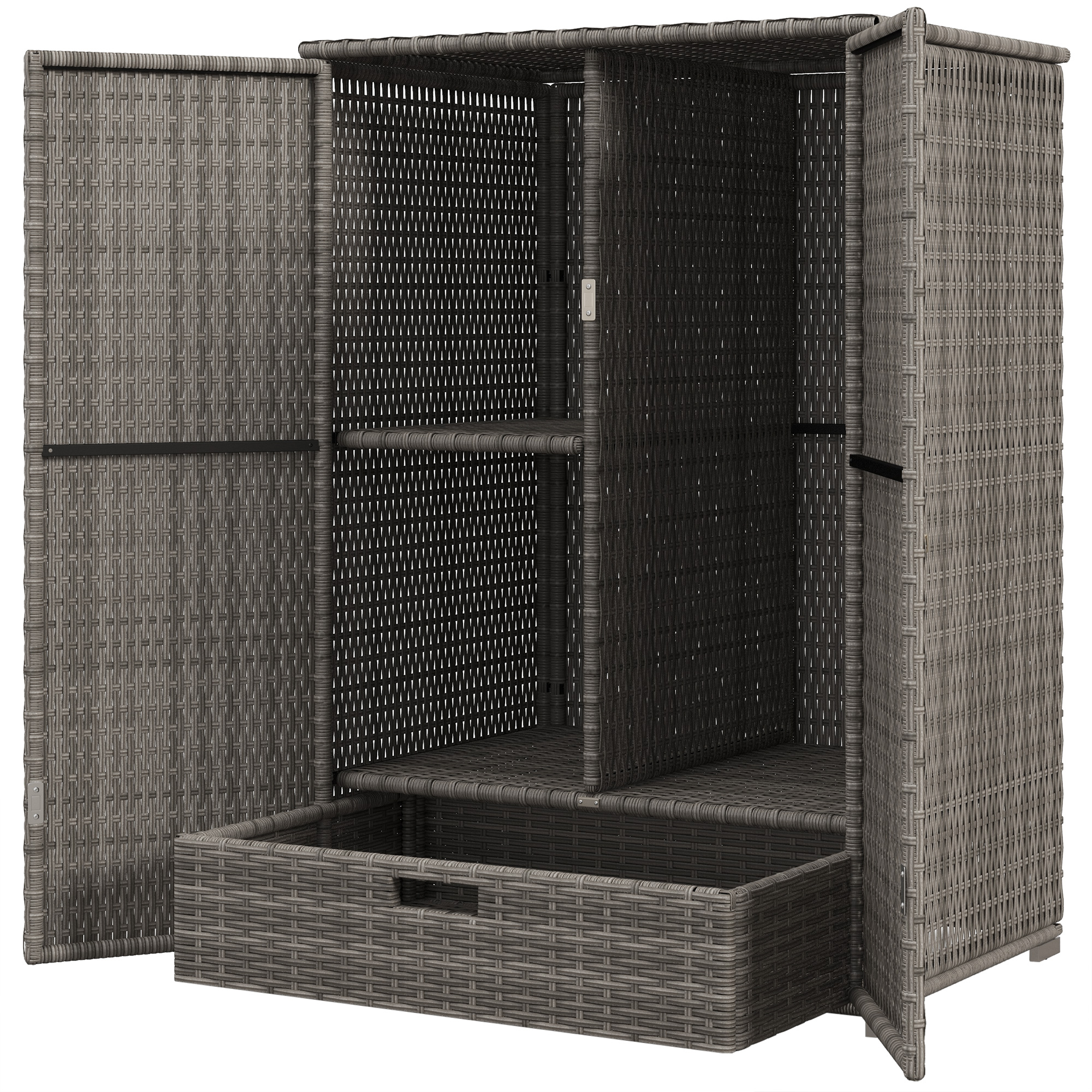 Outsunny Outdoor Storage Cabinet with Shelves, Rattan Pool Towel Storage Cabinet with Removable Shelf & Drawer, Dark Gray