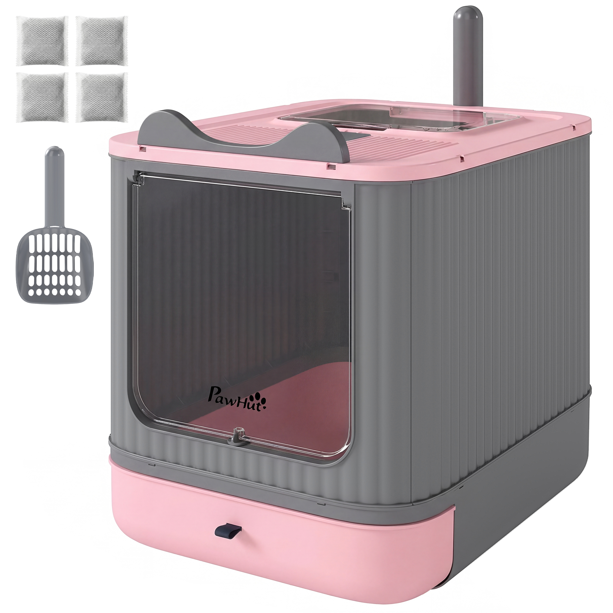 PawHut Cat Litter Box with Lid, Enclosed Litter Box for Medium Cats, Front-Entry and Top-Exit, Scoop, Deodorizer Bag, White