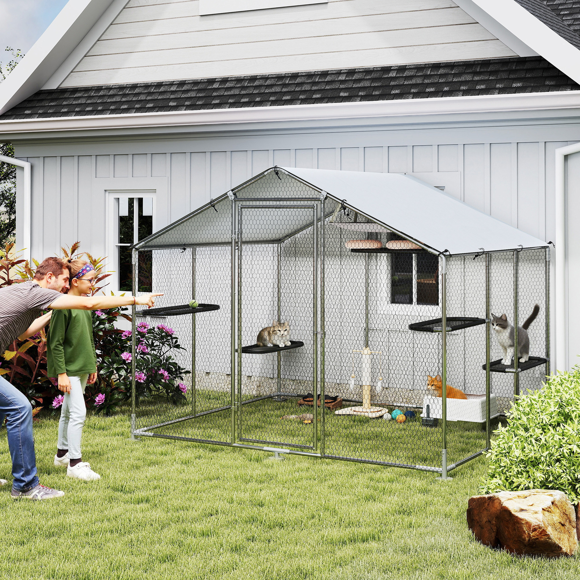 PawHut Large Catio with Waterproof Cover, Walk-in Cat Cages Outdoor w/ 5 Adjustable Platforms & Hammock 94.5" W Aosom Canada