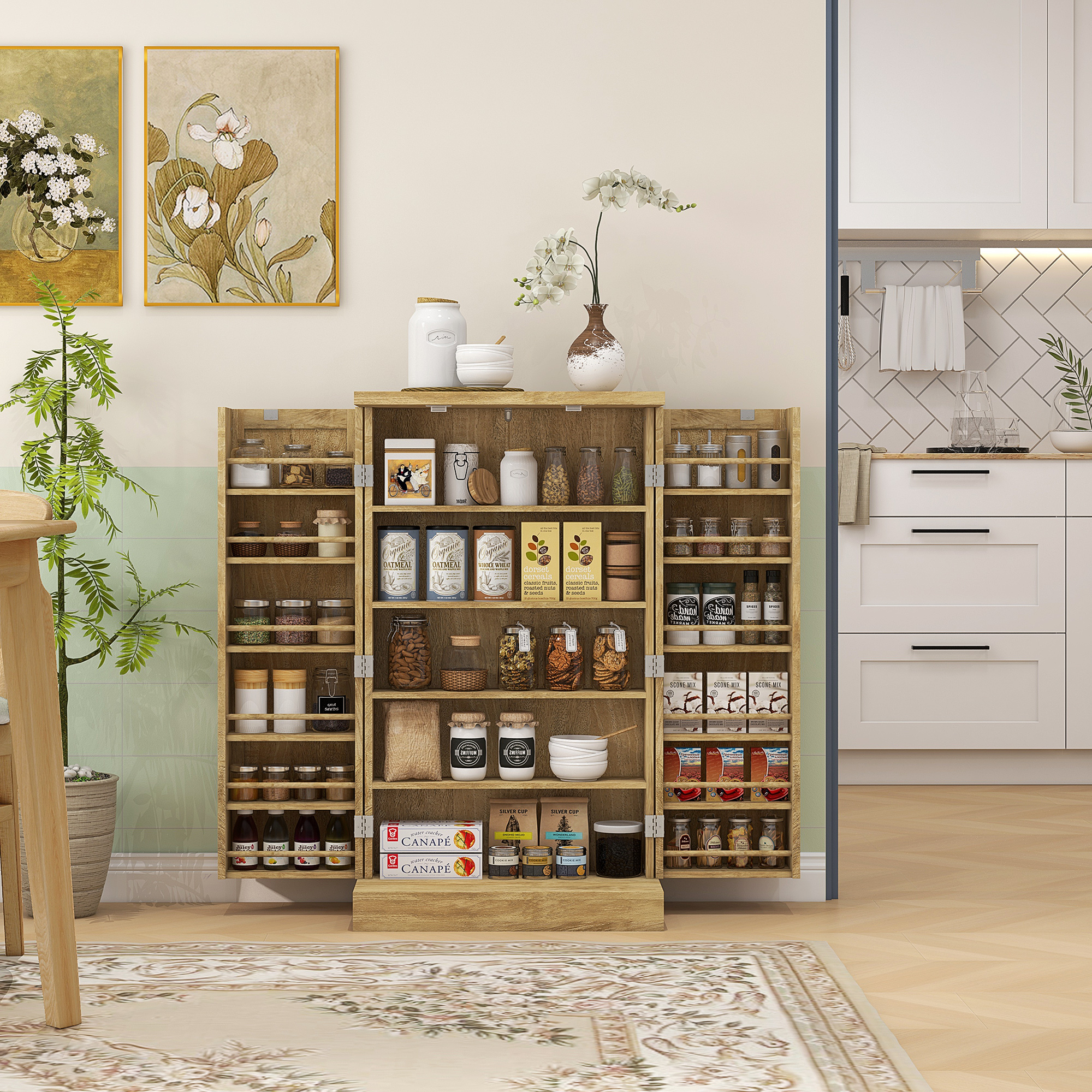 HOMCOM 41" Rattan Kitchen Pantry Storage Cabinet, Food Pantry Cabinet with Adjustable Shelves 12 Spice Racks, Natural Aosom Canada