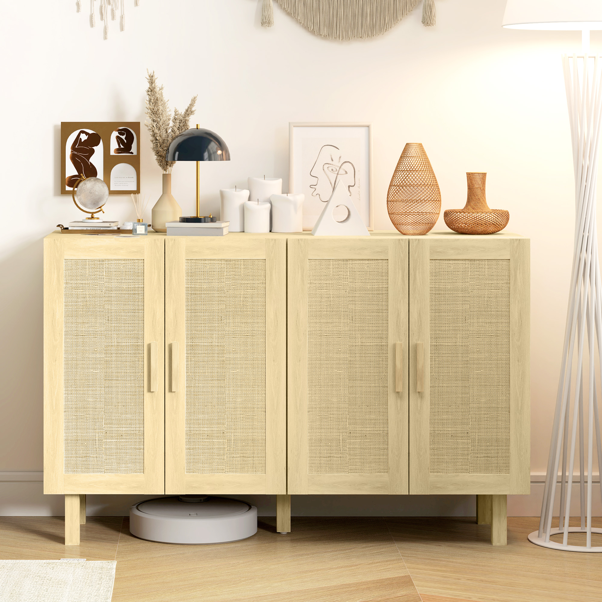 HOMCOM Boho Sideboard Buffet Cabinet, Storage Cabinet with 4 Rattan Doors and Adjustable Shelves, Natural Aosom Canada