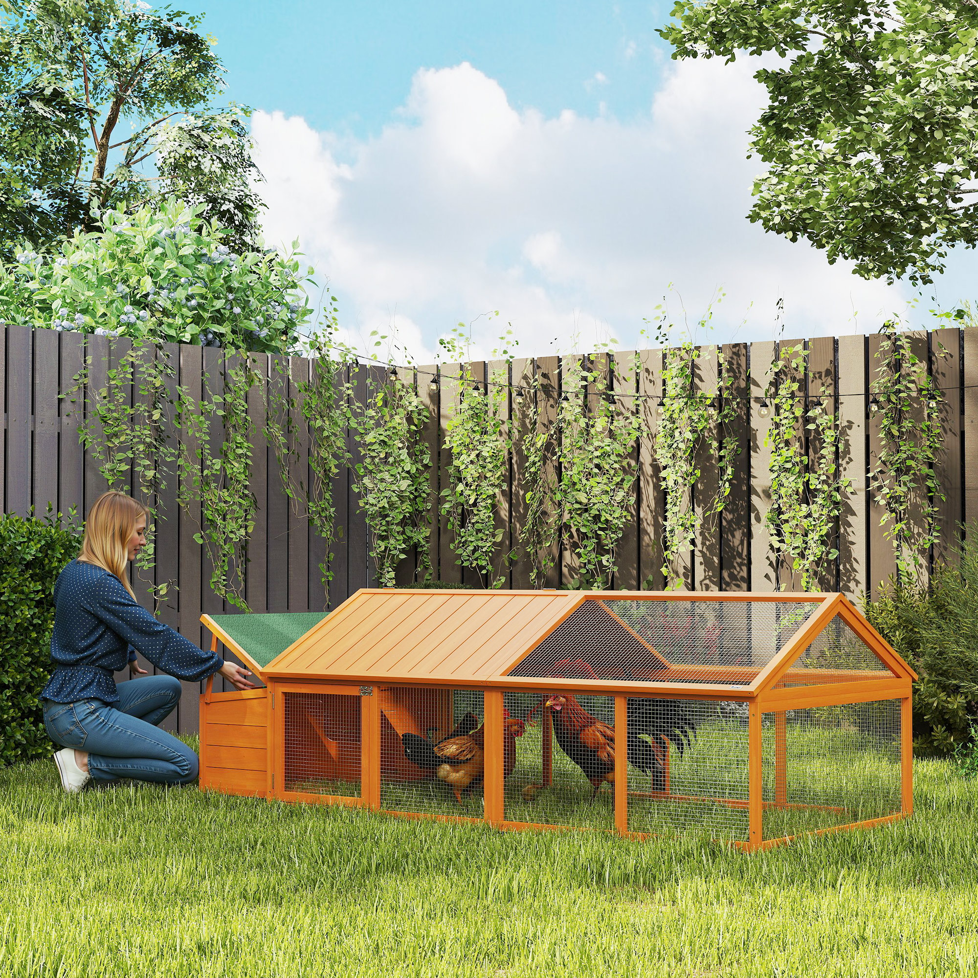 PawHut 95"L Chicken Run Large Chicken Coop with Nesting Box Wooden Roof Side Door for Outdoor 4–8 Chickens Aosom Canada