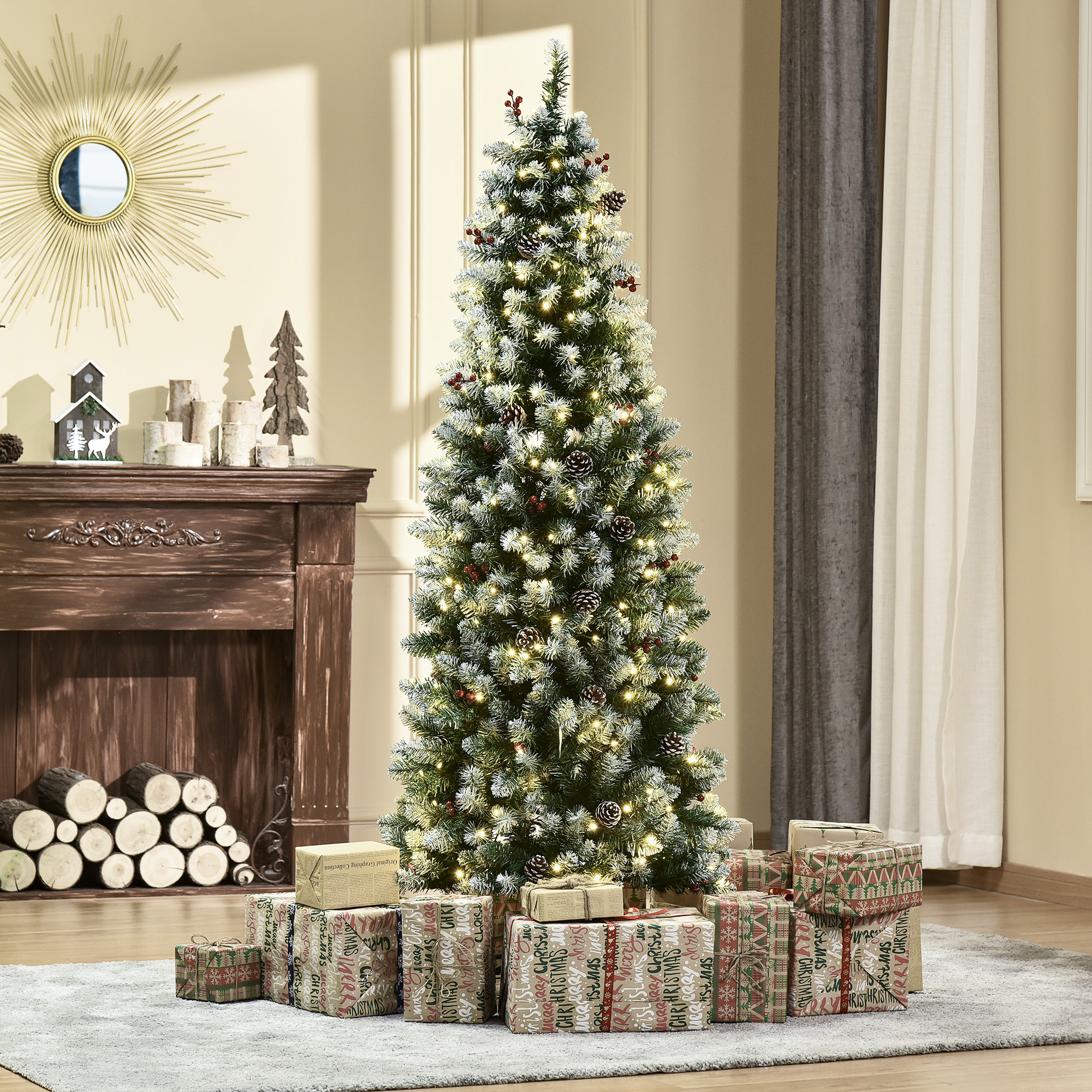 HOMCOM 6 ft Snow Flocked Pencil Christmas Tree, Hinged Artificial Tree, Pre-Lit Holiday Decoration with LED Lights, Pine Cones, Green Aosom Canada