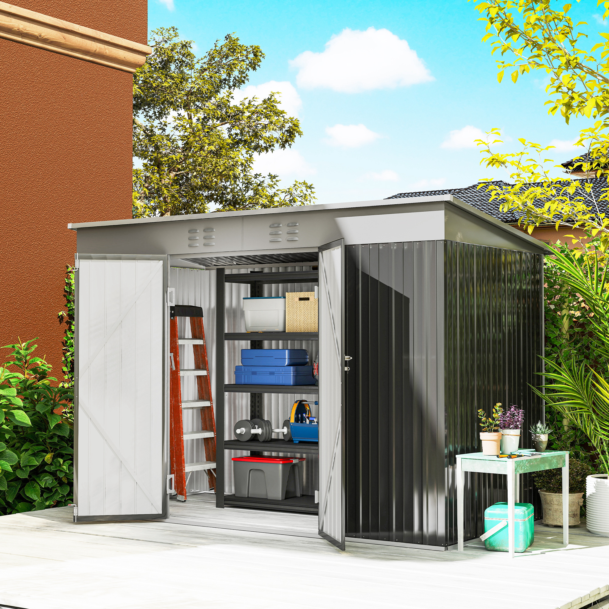 Outsunny 9' x 4' Galvanized Steel Garden Storage Shed with Lockable Doors, Gloves and 2 Air Vents for Backyard, Patio, Lawn | Aosom Canada