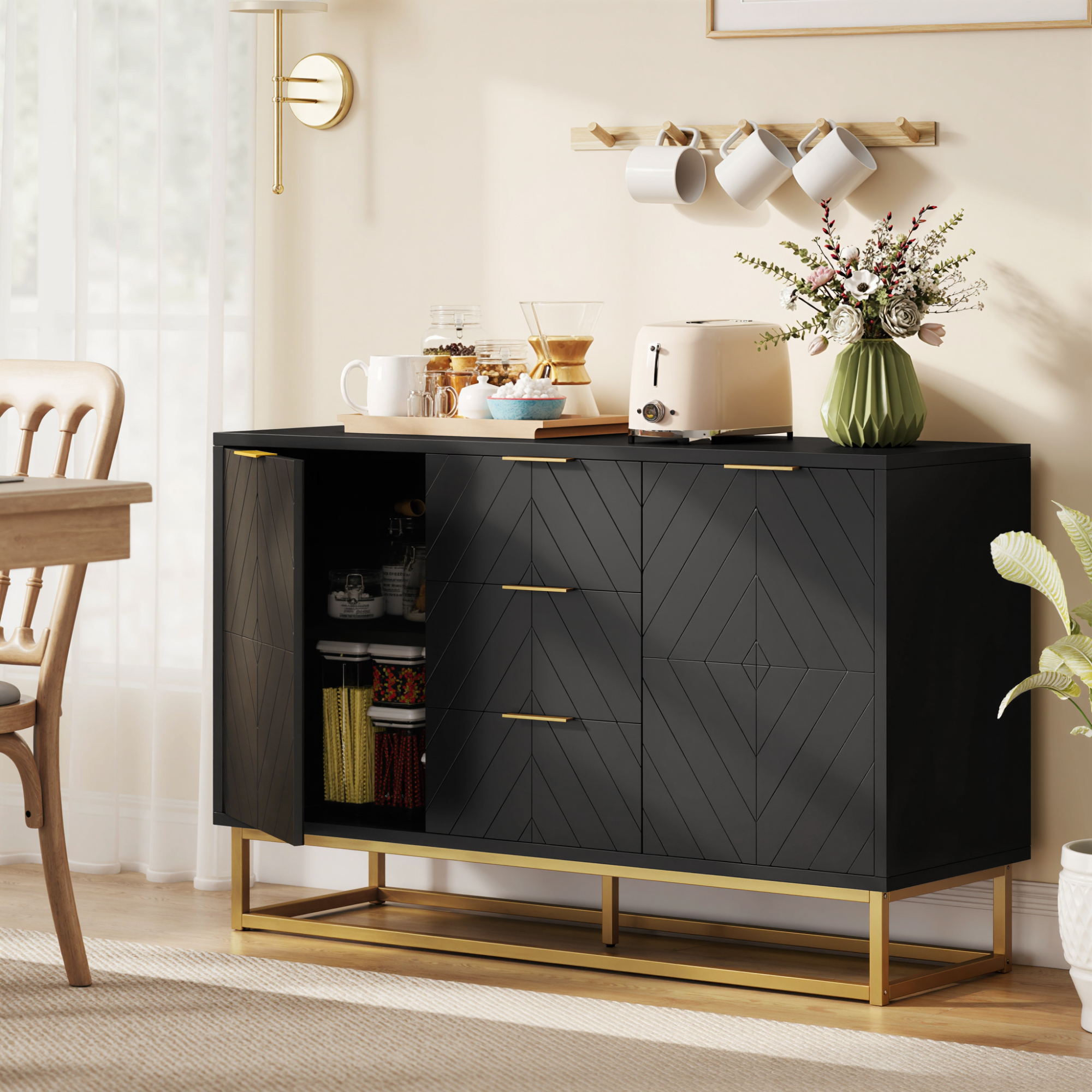 HOMCOM Storage Cabinet 3 Drawers Adjustable Shelves Small Side Table Dining Room Black Ample Storage Space Aosom Canada
