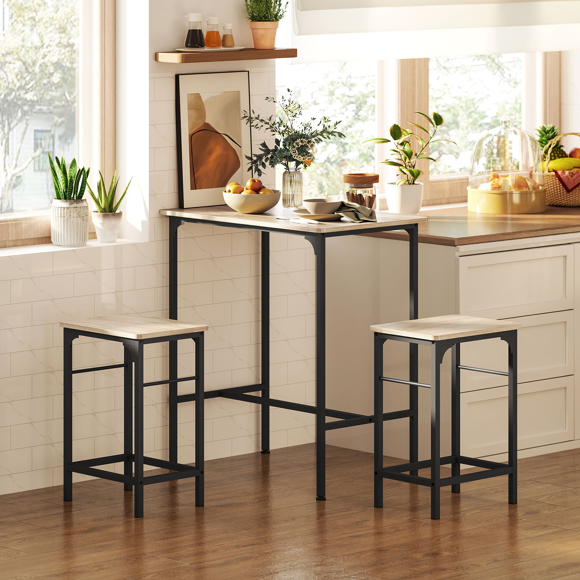 HOMCOM 3-Piece Dining Table Set for 2, Bar Table and 2 Stools for Kitchen, Living Room, Dining Room, Small Space, Natural Wood Aosom Canada