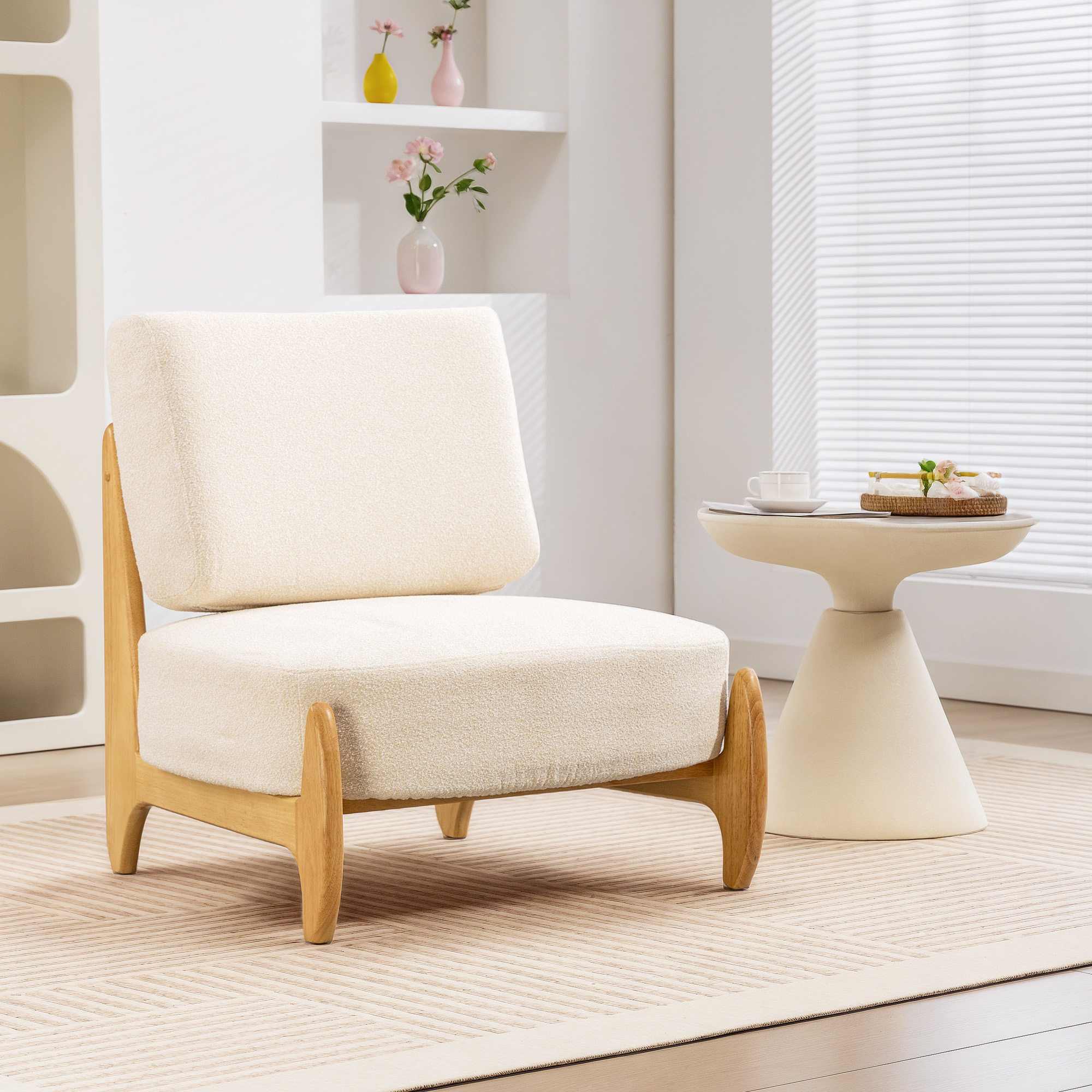 HOMCOM Accent Chair with Rubber Wood Frame, Wide Seat, Modern Chenille Bedroom Chair with Thick Cushion, Cream White Aosom Canada