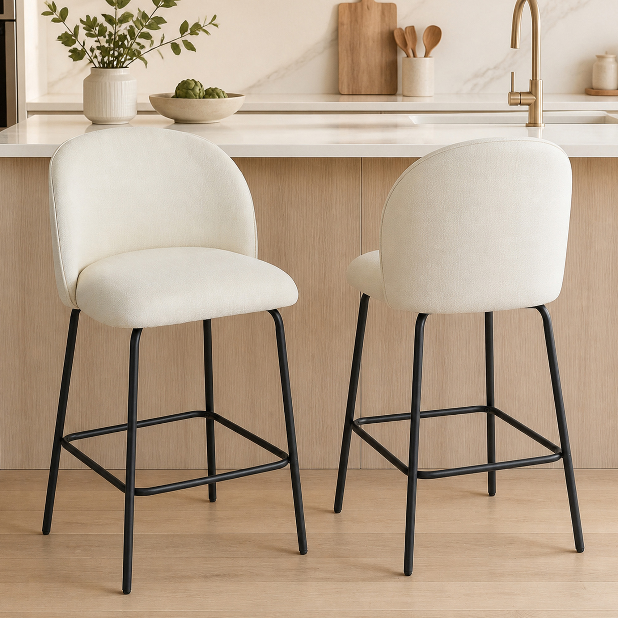 HOMCOM Set of 2 Counter Height Barstools, Upholstered Linen Bar Stools with Backrest, Footrest and Steel Legs, Cream White Aosom Canada