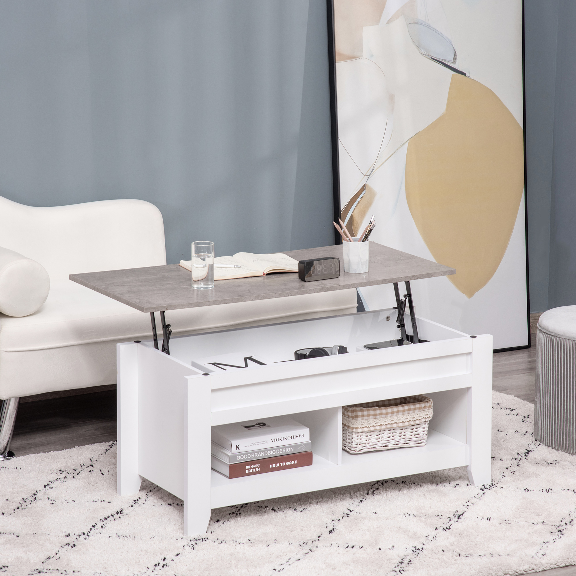 HOMCOM Lift Top Coffee Table with Storage Shelves Adjustable Tabletop Pop-Up Living Room Furniture White Aosom Canada