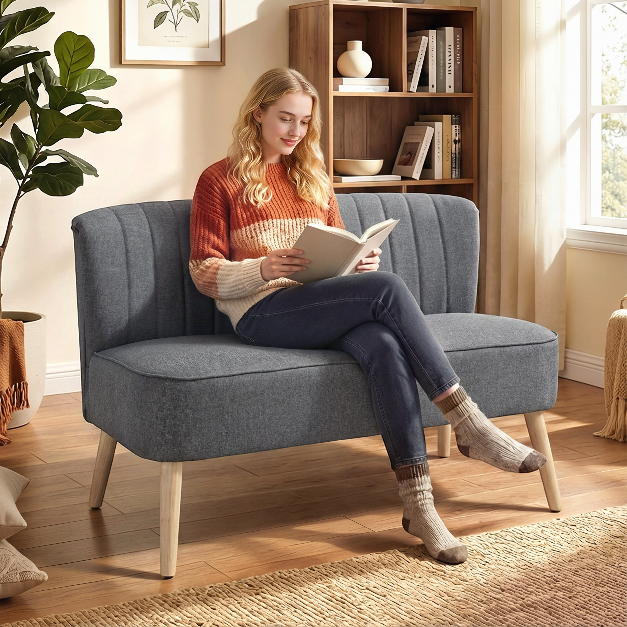 HOMCOM Modern 2 Seater Sofa, 46" Upholstered Loveseat Sofa with Rubber Wood Legs, Grey Aosom Canada