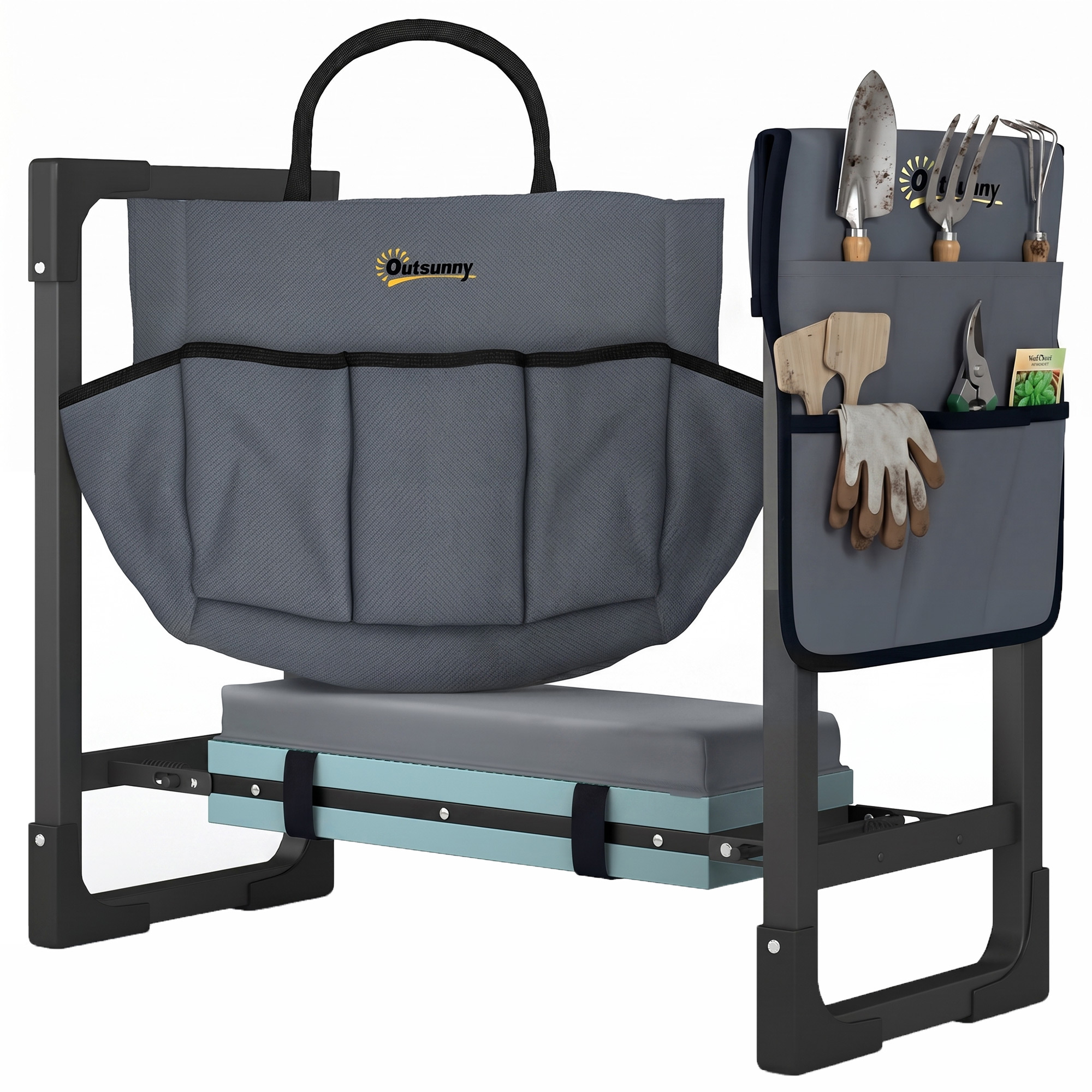 Outsunny Garden Kneeler and Seat, Heavy Duty Foldable Gardening Stool with Thicker Soft Kneeling Pad, Extendable Steel Leg