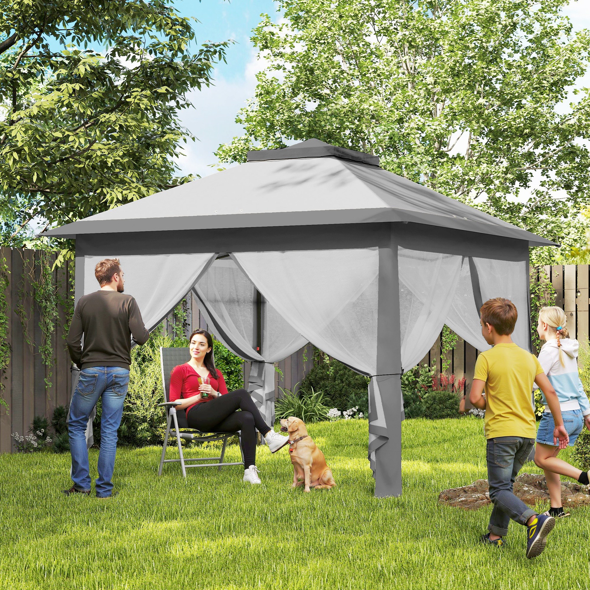 Outsunny 11' x 11' Pop Up Gazebo, Double Roof Foldable Height Adjustable Canopy Tent with Mesh Sidewalls, Carrying Bag, Grey Aosom Canada