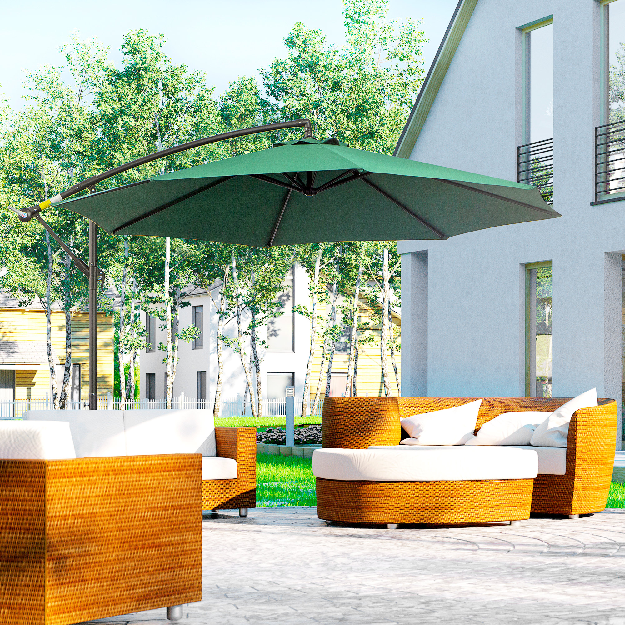 Outsunny 9.7ft Offset Patio UmbrellaCantilever Parasol with Crank Handle, 8 Ribs and Cross Base for Outdoor, Sun Shade, Green Aosom Canada