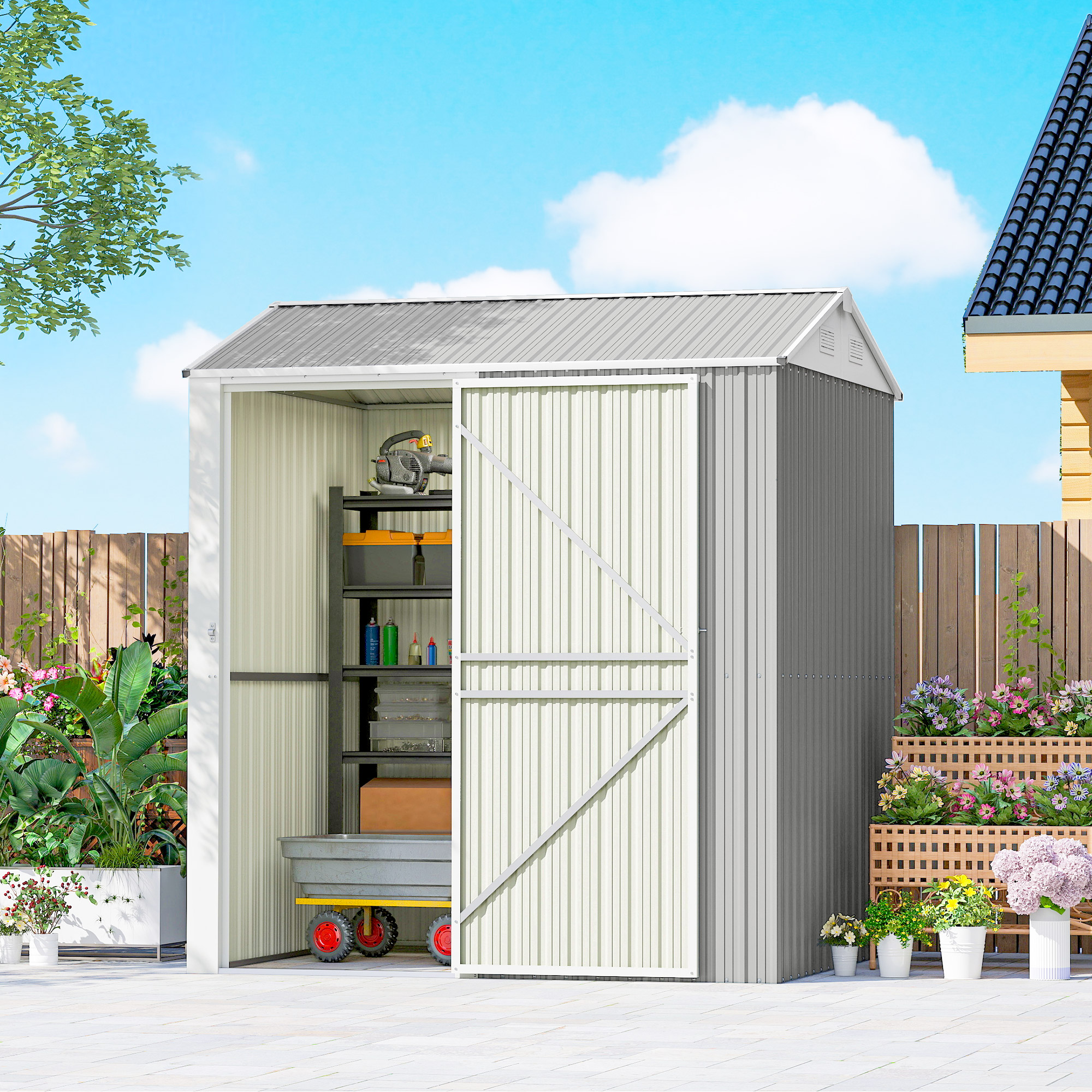 Outsunny 7' x 6' Tall Outdoor Storage Shed, Waterproof Metal Garden Shed with Gloves, Lockable Door, Silver Grey Aosom Canada