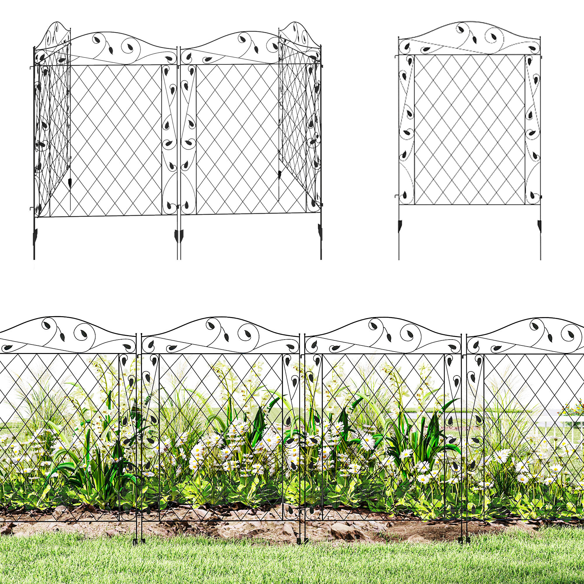Outsunny 11.5' Garden Fence, 4 Pack Metal Fence Panels, Rust-Resistant Animal Barrier & Decorative Border Flower Edging for Yard, Landscape, Patio