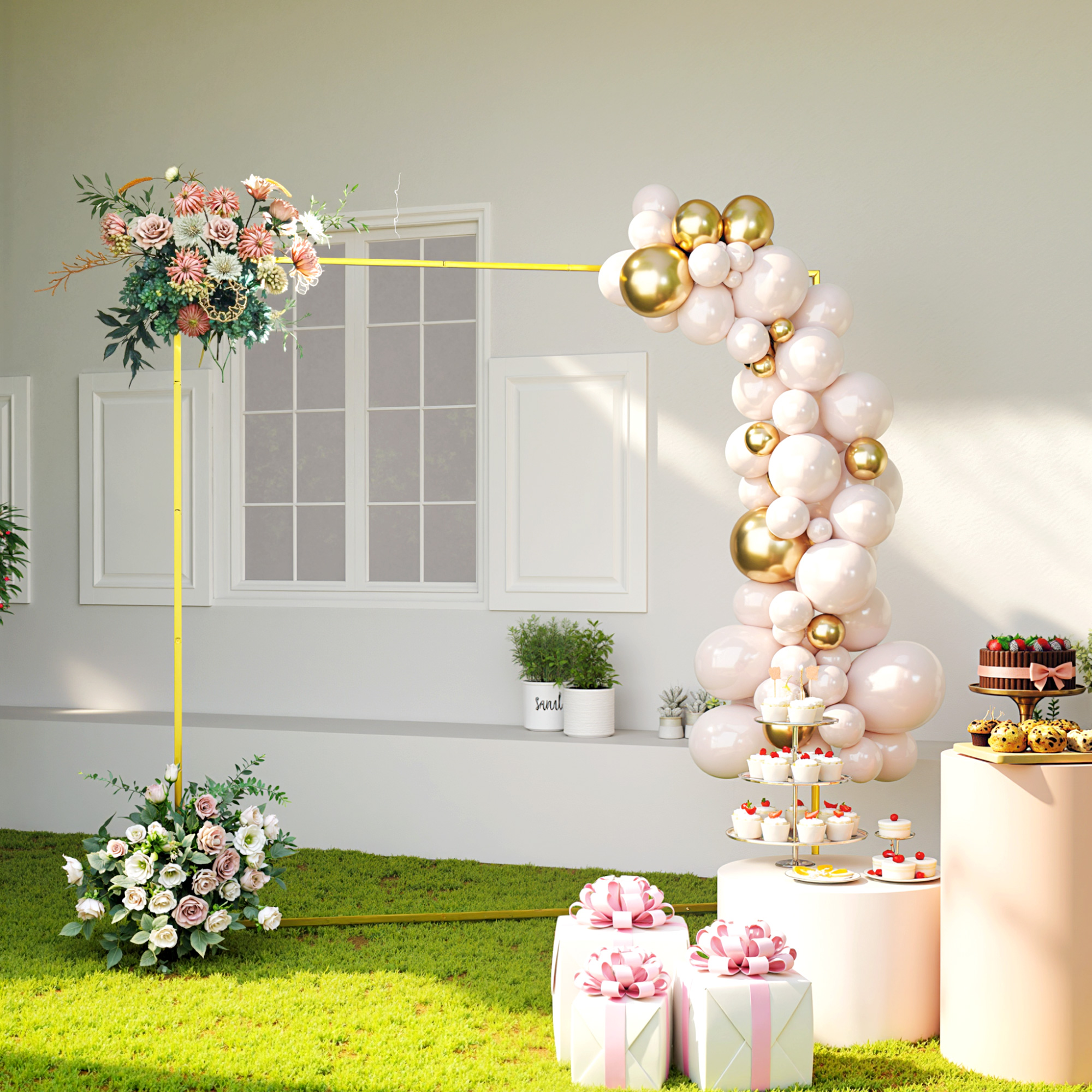 Outsunny Wedding Arch Backdrop Stand, Square Wedding Arch with U-shaped Stakes, 6.6 FT Gold Metal Arch Frame Aosom Canada