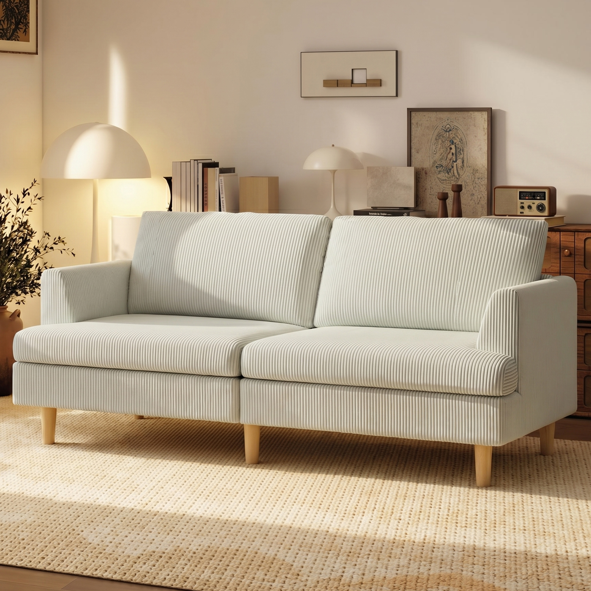 HOMCOM 3 Seater Sofa, 74" Modern Corduroy Upholstered Couch with Thick Spring Cushions, Solid Wood Legs, Armrests, Beige Aosom Canada