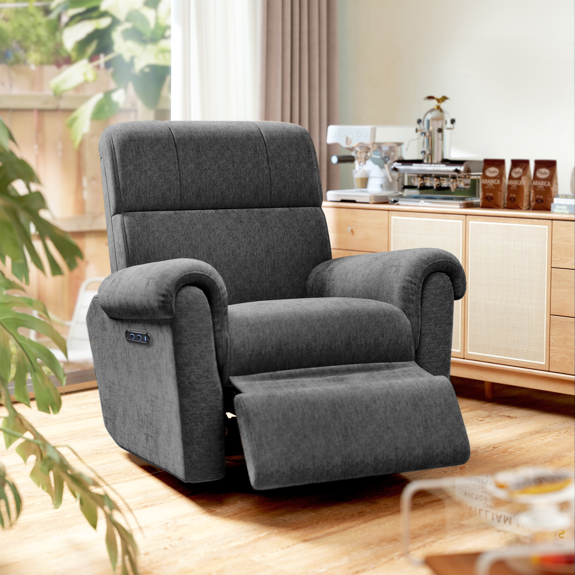 HOMCOM Power Recliner Chair, Fabric Upholstered Recliner Chair with USB Ports, Swivel and Rocking Function, Footrest, Dark Grey | Aosom Canada