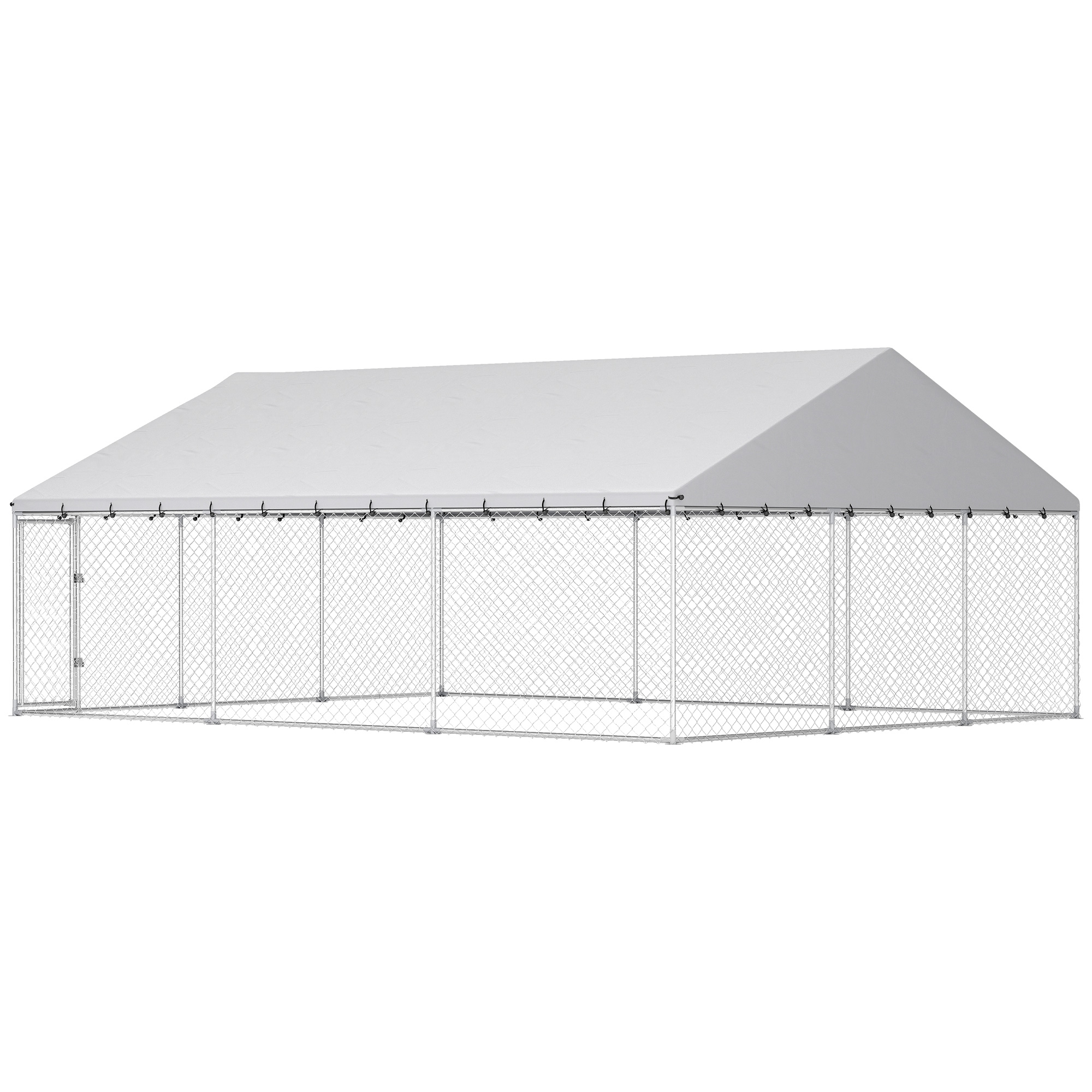 PawHut Heavy Duty Outdoor Dog Kennel with Waterproof Roof, 2 Secure Latches, Chain Link Dog Run for Backyard, 20' x 15' x 8'