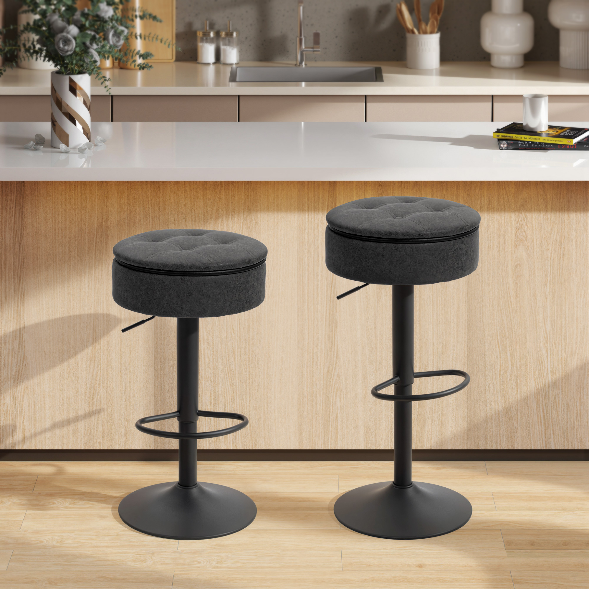 HOMCOM Set of 2 Barstools with Storage, Swivel Bar Stools with PU Leather Upholstered, Footrest, Steel Base, Black Aosom Canada