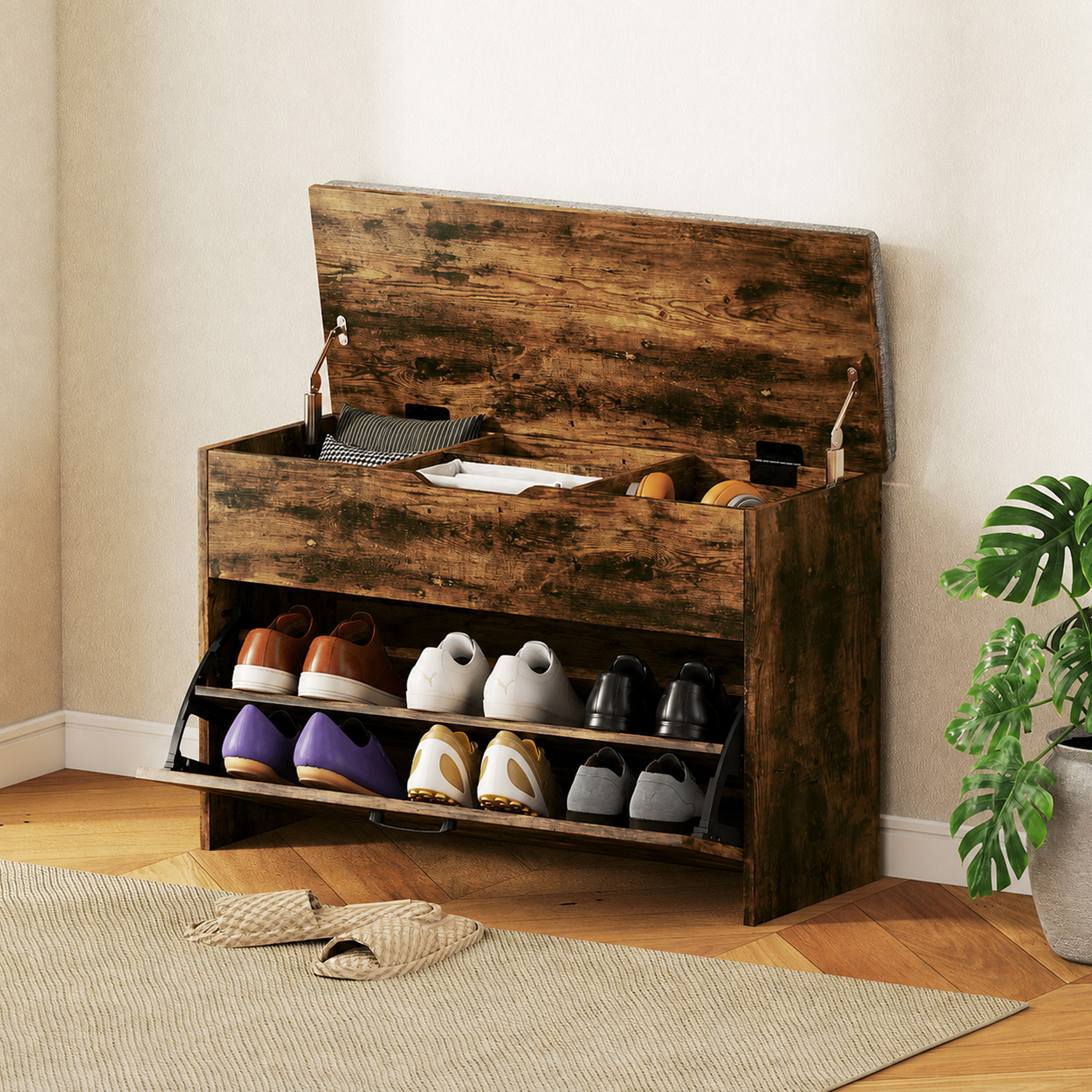 HOMCOM Shoe Storage Bench with Flip Drawer and Lift Top Storage, Entryway Bench with Seat Cushion for Hallway, Rustic Brown Aosom Canada