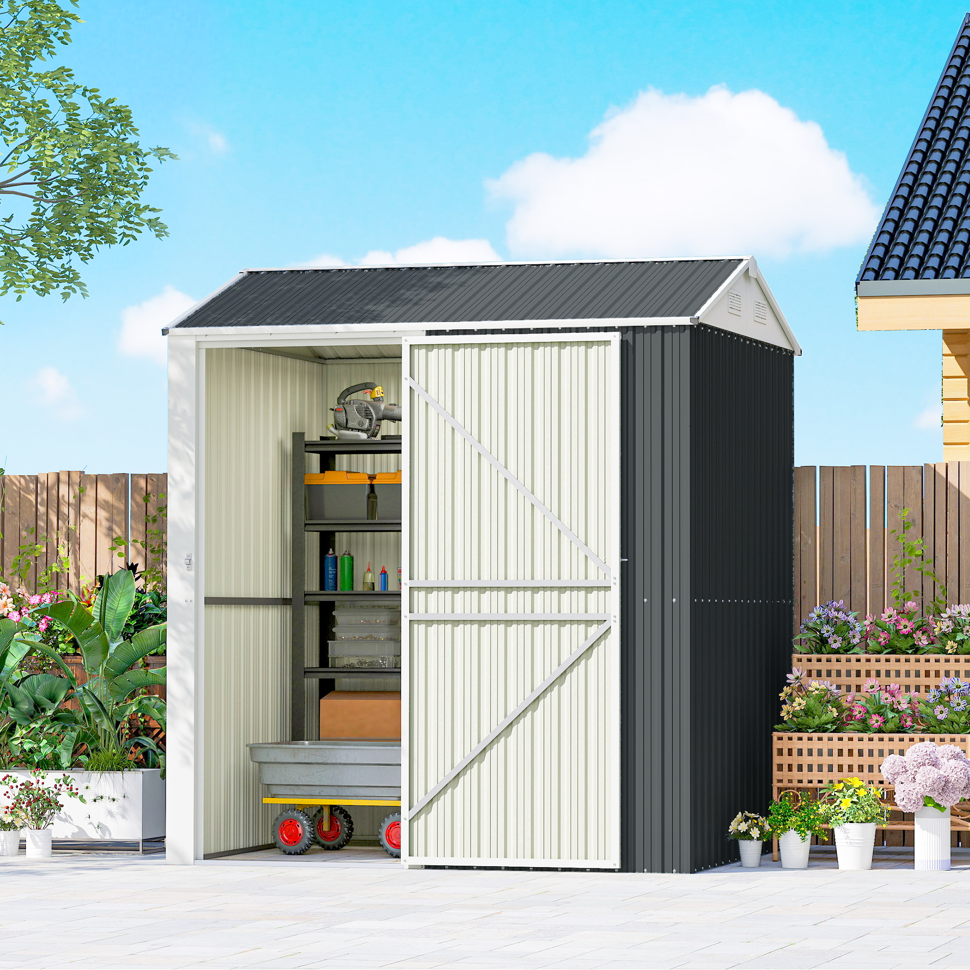 Outsunny 7' x 6' Tall Outdoor Storage Shed, Waterproof Metal Garden Shed with Gloves, Lockable Door, Dark Grey Aosom Canada