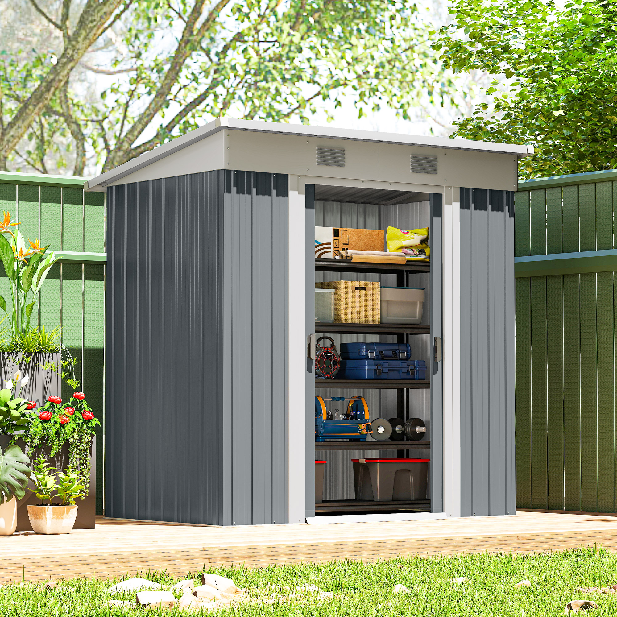 Outsunny 6' x 4' Outdoor Storage Shed, Metal Garden Shed with Lockable Sliding Doors and Vents, Grey Aosom Canada
