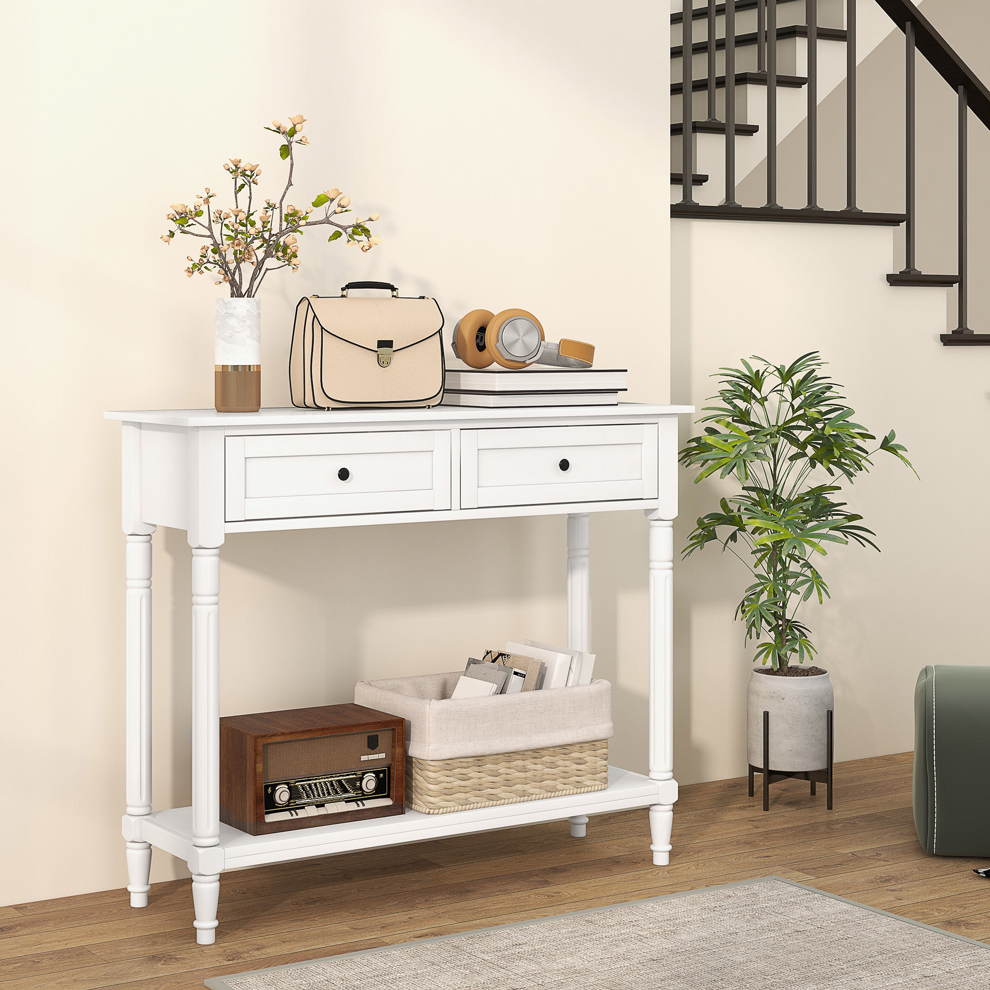 HOMCOM Console Table Modern Hallway Entryway with 2 Drawers Storage Shelf and Turned Legs for Living Room White Aosom Canada