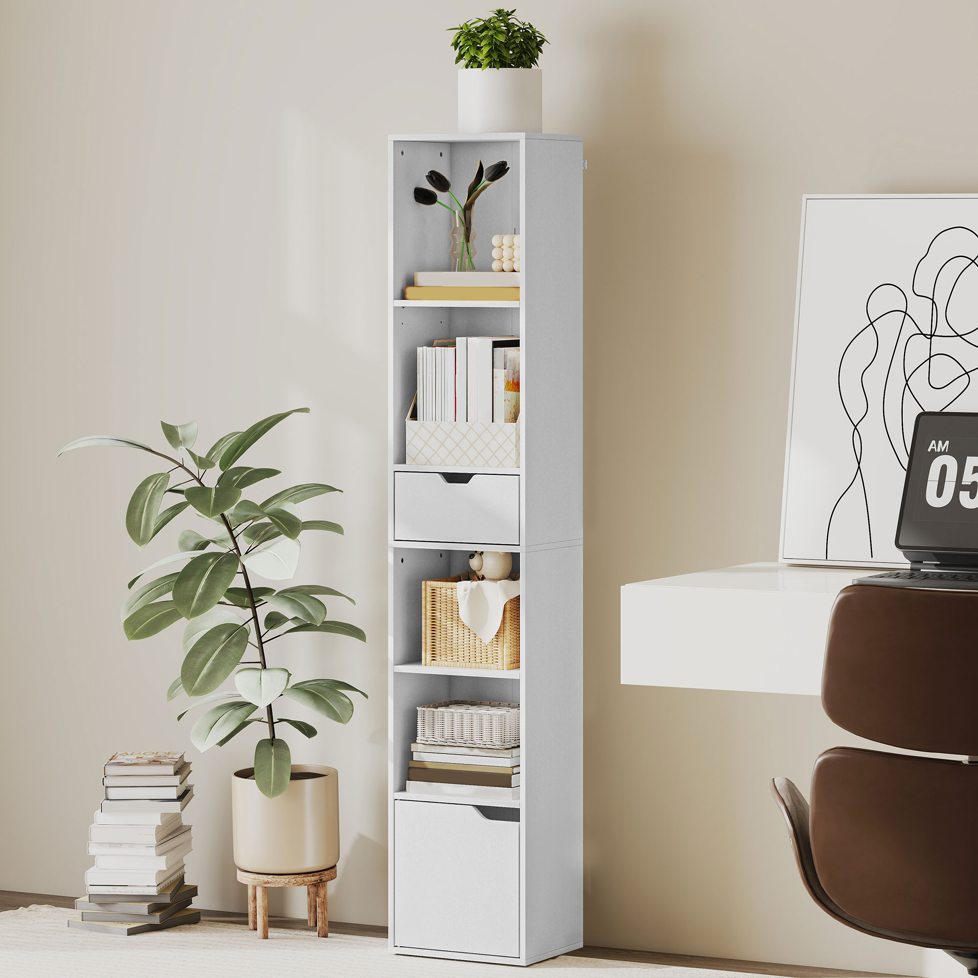 HOMCOM 6-Tier Bookcase, Tall Narrow Bookshelf with Drawer and Door, White Aosom Canada