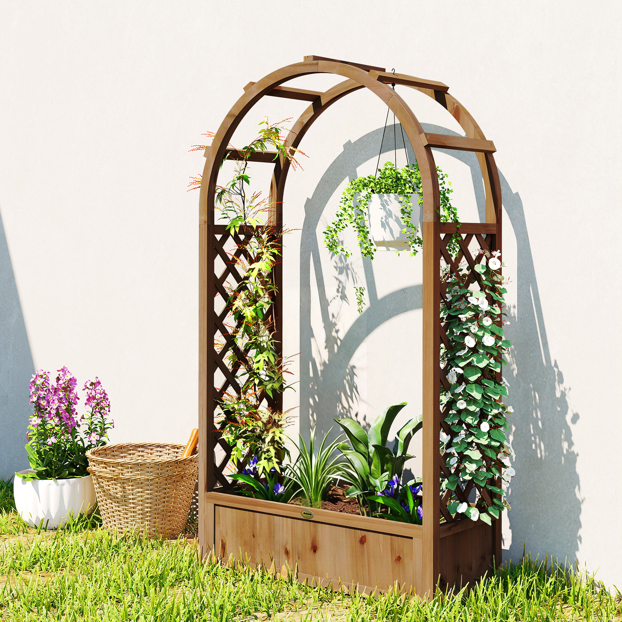 Outsunny Raised Garden Bed with Arch Trellis, Freestanding Garden Planter Box, Outdoor Planter Container, Dark Brown Wood Effect Aosom Canada