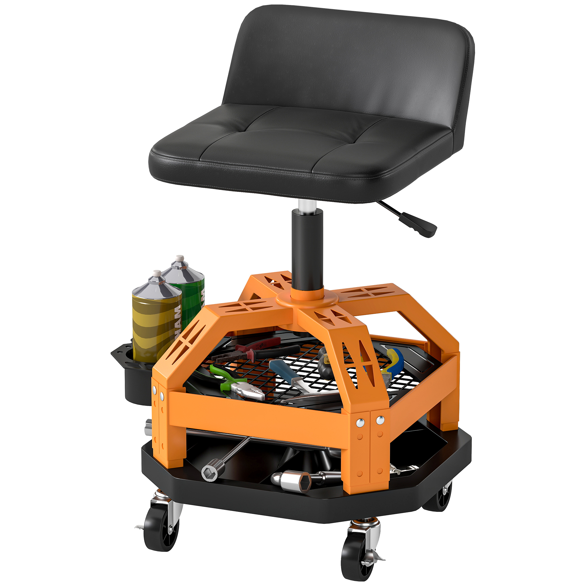 HOMCOM Rolling Creeper Garage Stool, 300 LBS Capacity Mechanic Stool with 360° Wheels, Tool Tray, Adjustable Height, Yellow