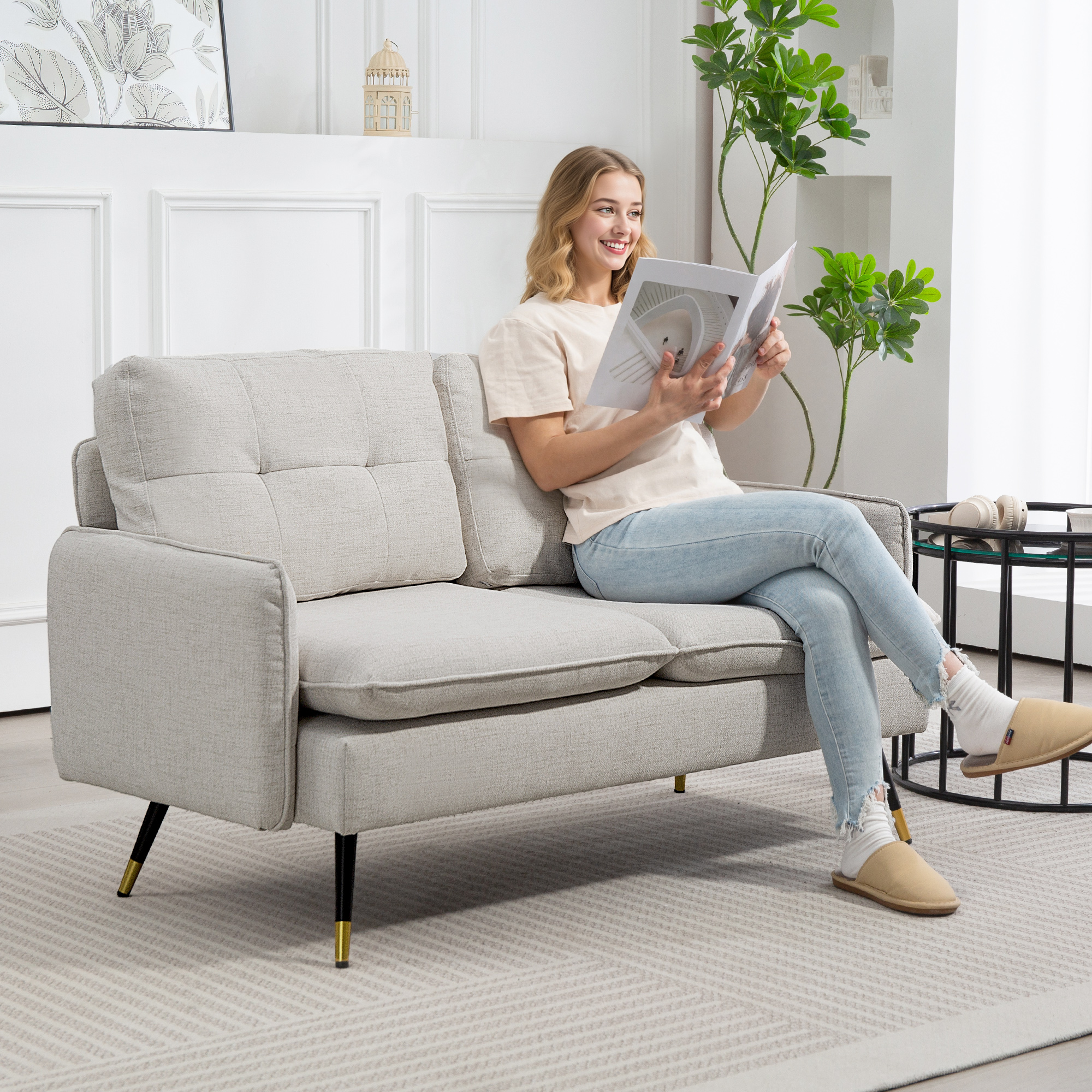 HOMCOM Loveseat Sofa 55" Cream White Button Tufted Fabric Steel Legs Bedroom Living Room Aosom Canada