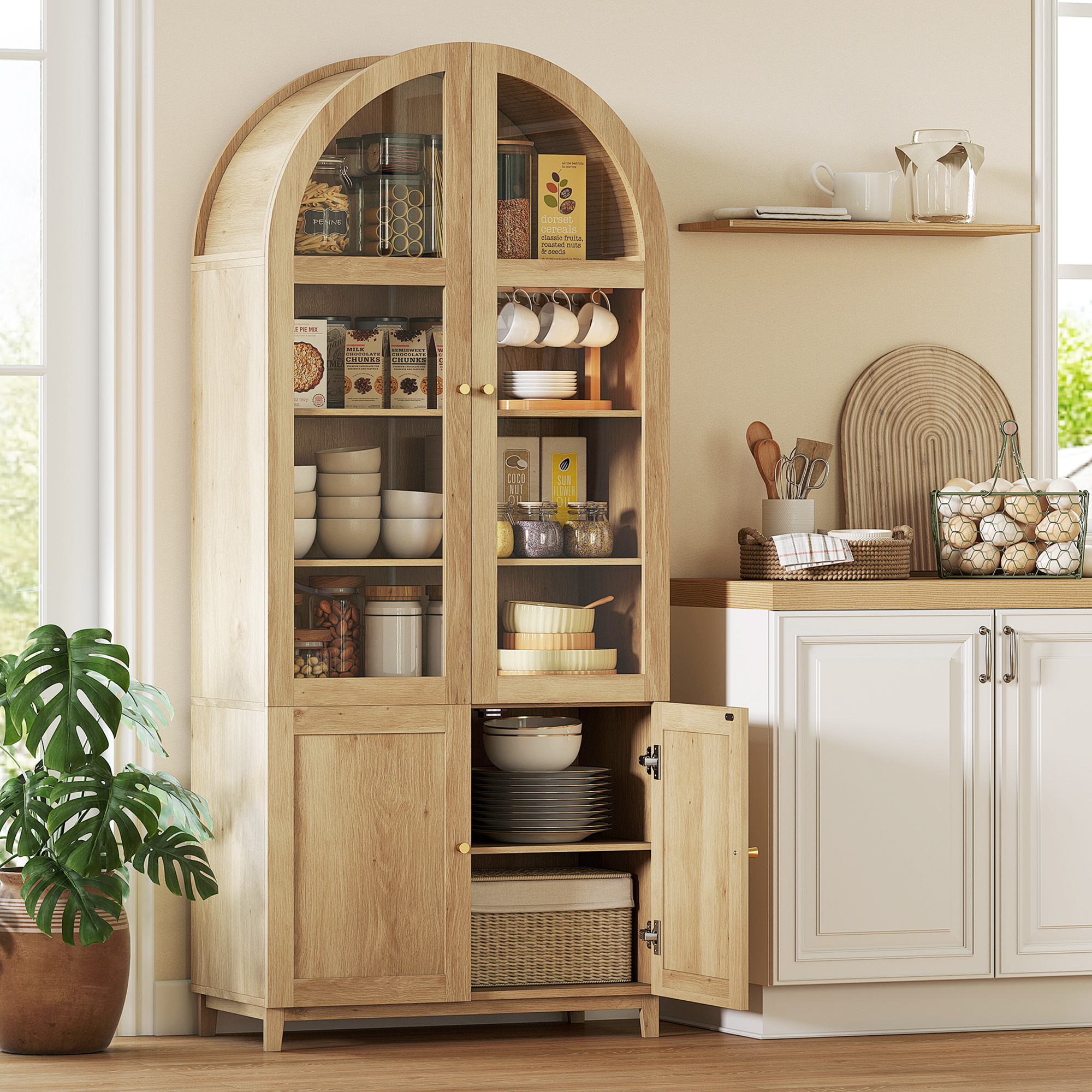 HOMCOM Arched Kitchen Pantry Cabinet, 71" Tall Farmhouse Kitchen Storage Cabinet with Adjustable Shelves, Acrylic Doors, Oak | Aosom Canada