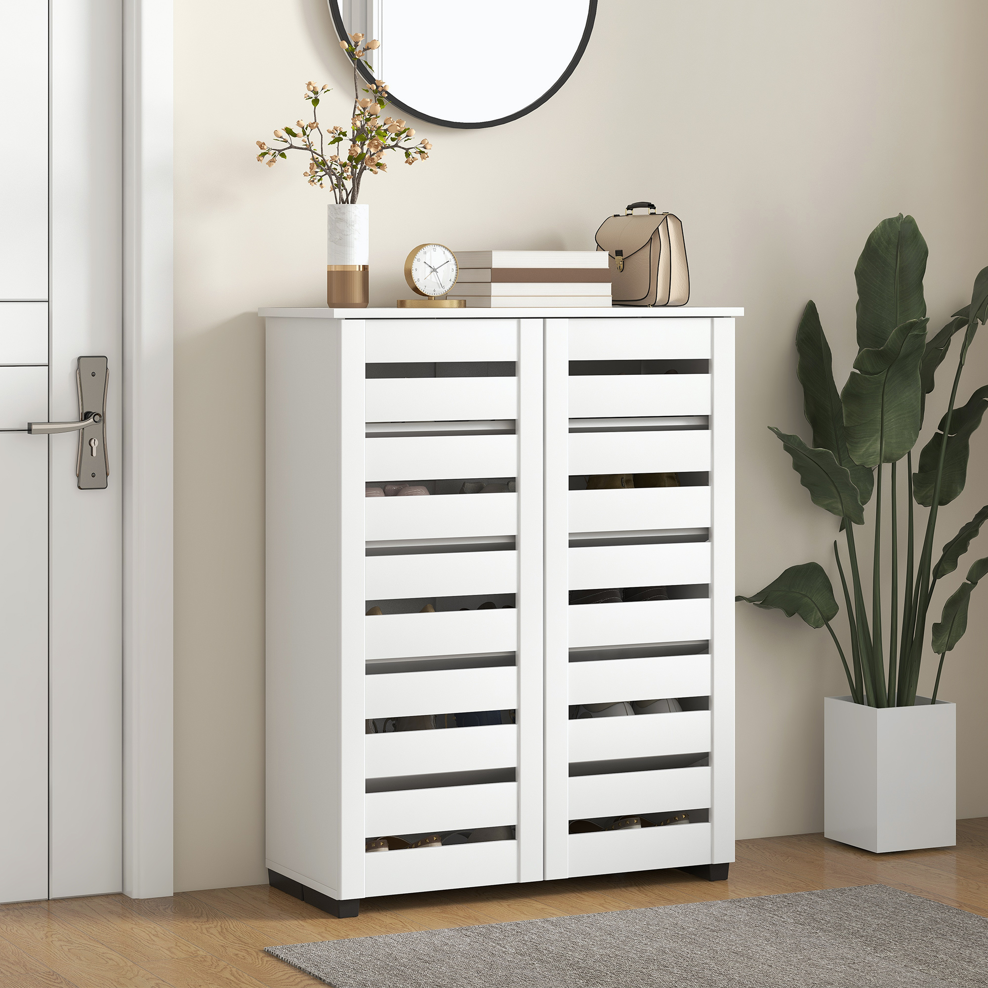 HOMCOM Shoe Storage Cabinet, Shoe Cabinet with 2 Slatted Doors for 15 Pairs of Shoes, White Aosom Canada