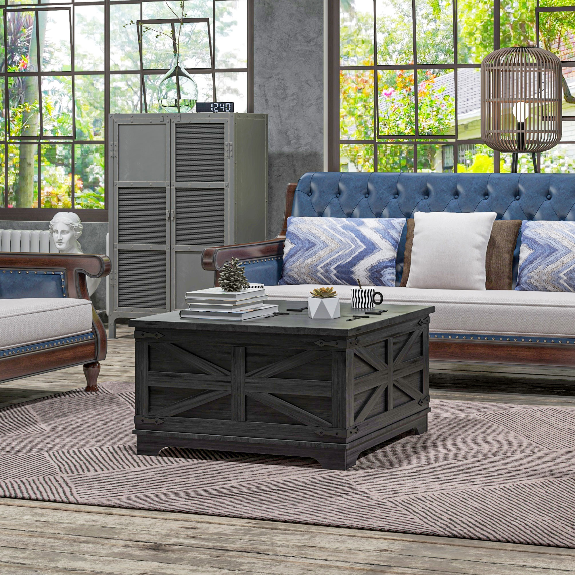 HOMCOM Farmhouse Coffee Table, Square Center Table with Flip-top Lids, Hidden Storage Compartment, Black Aosom Canada