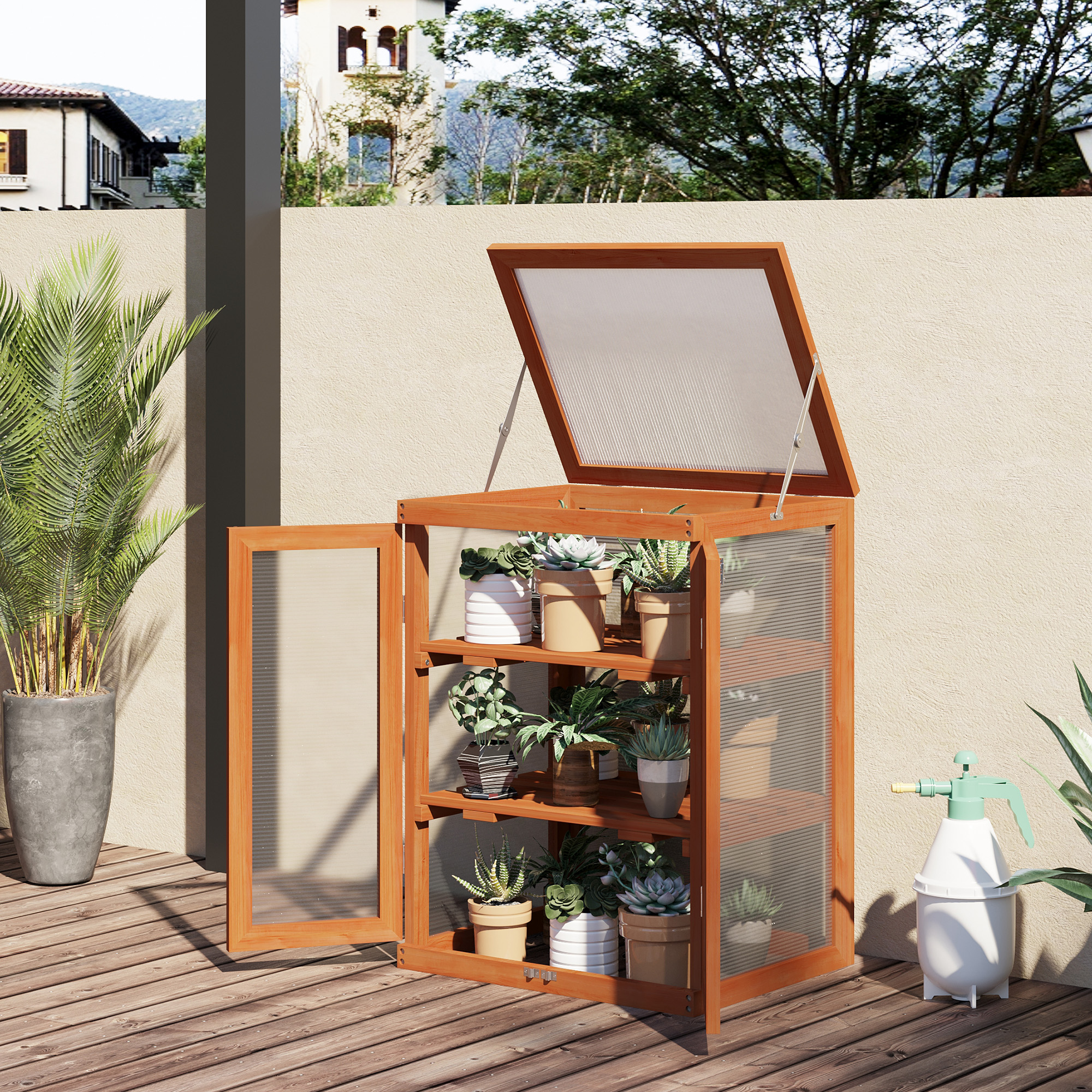 Outsunny Wooden 2 Tier Cold Frame Greenhouse Polycarbonate Plant Grow House Portable Garden, 22.8" x 17.3" x 30.7", Orange Aosom Canada