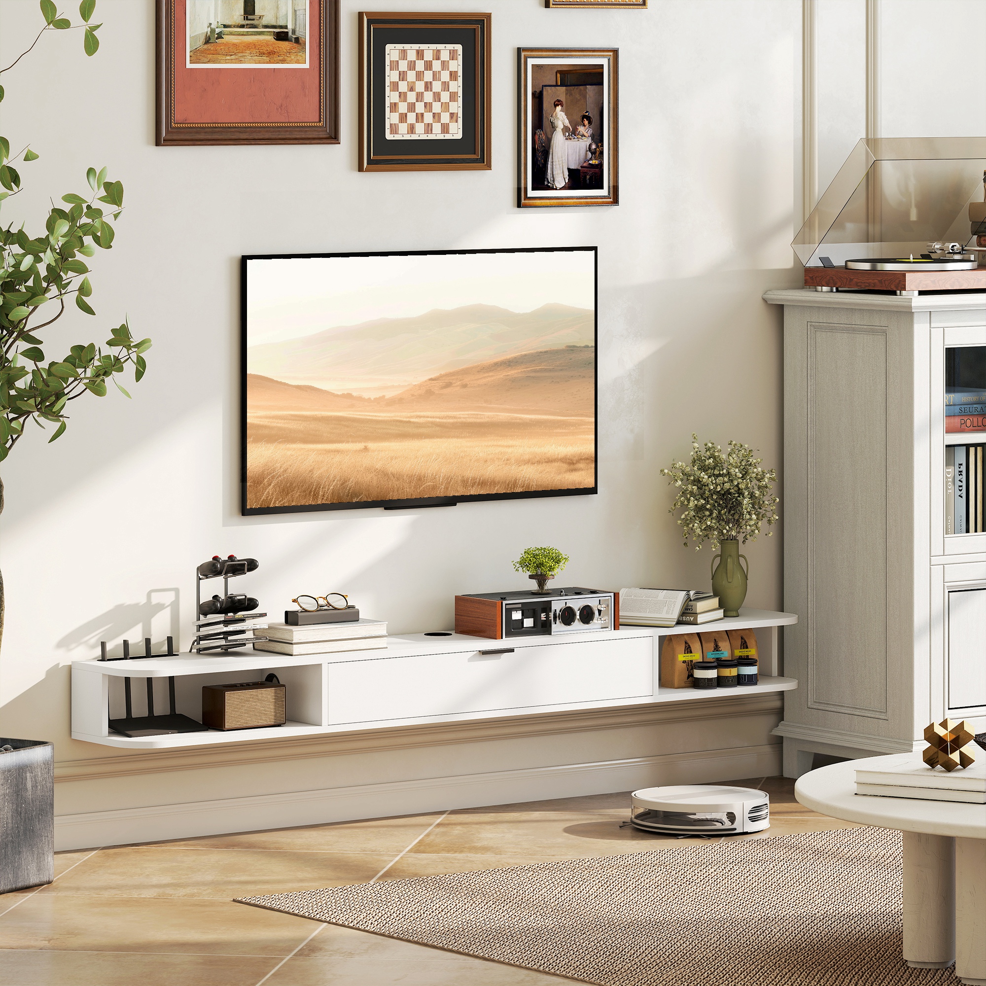 HOMCOM 71" Floating TV Stand for TVs up to 75 Inch, Wall Mounted Media Console with Flip Drawer and 2 Open Shelves, White Aosom Canada