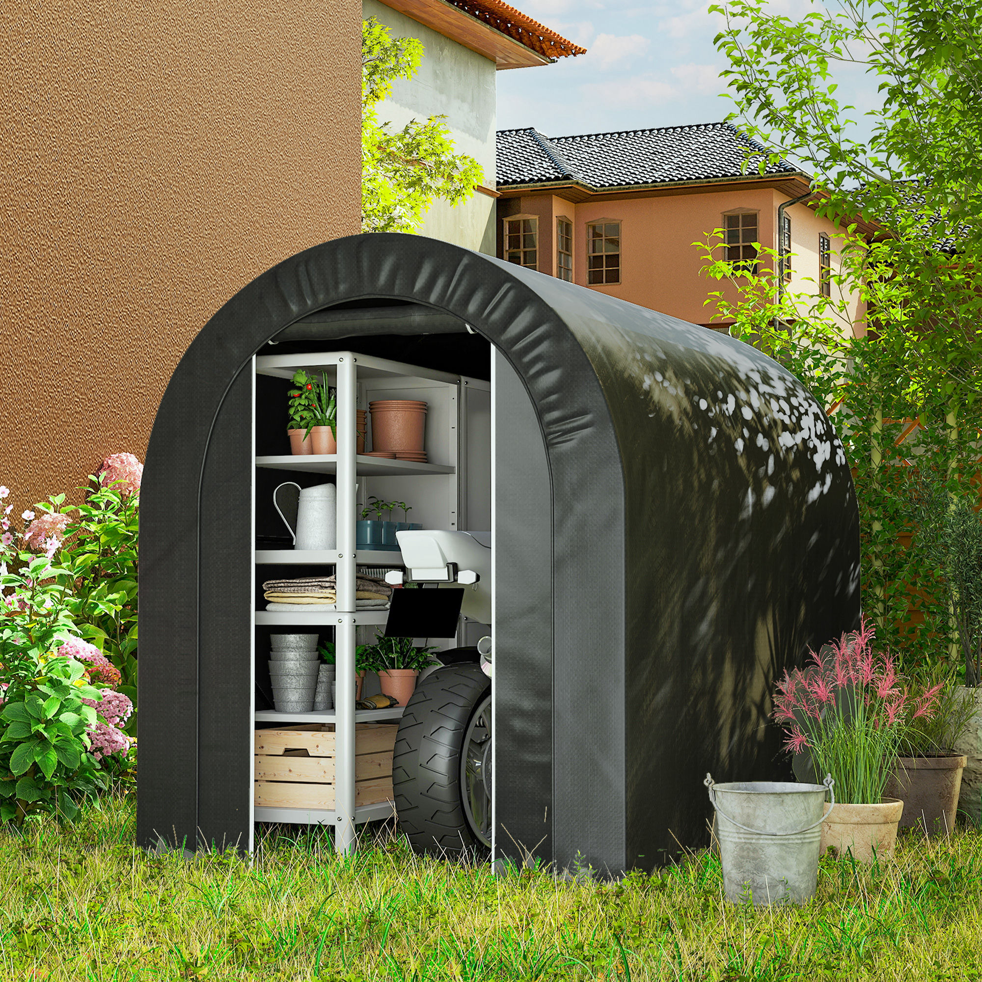 Outsunny 5' x 8' Outdoor Storage Shed, Heavy Duty Galvanized Steel Portable Shed for Bike, Motorcycle, Garden Tools, Black Aosom Canada
