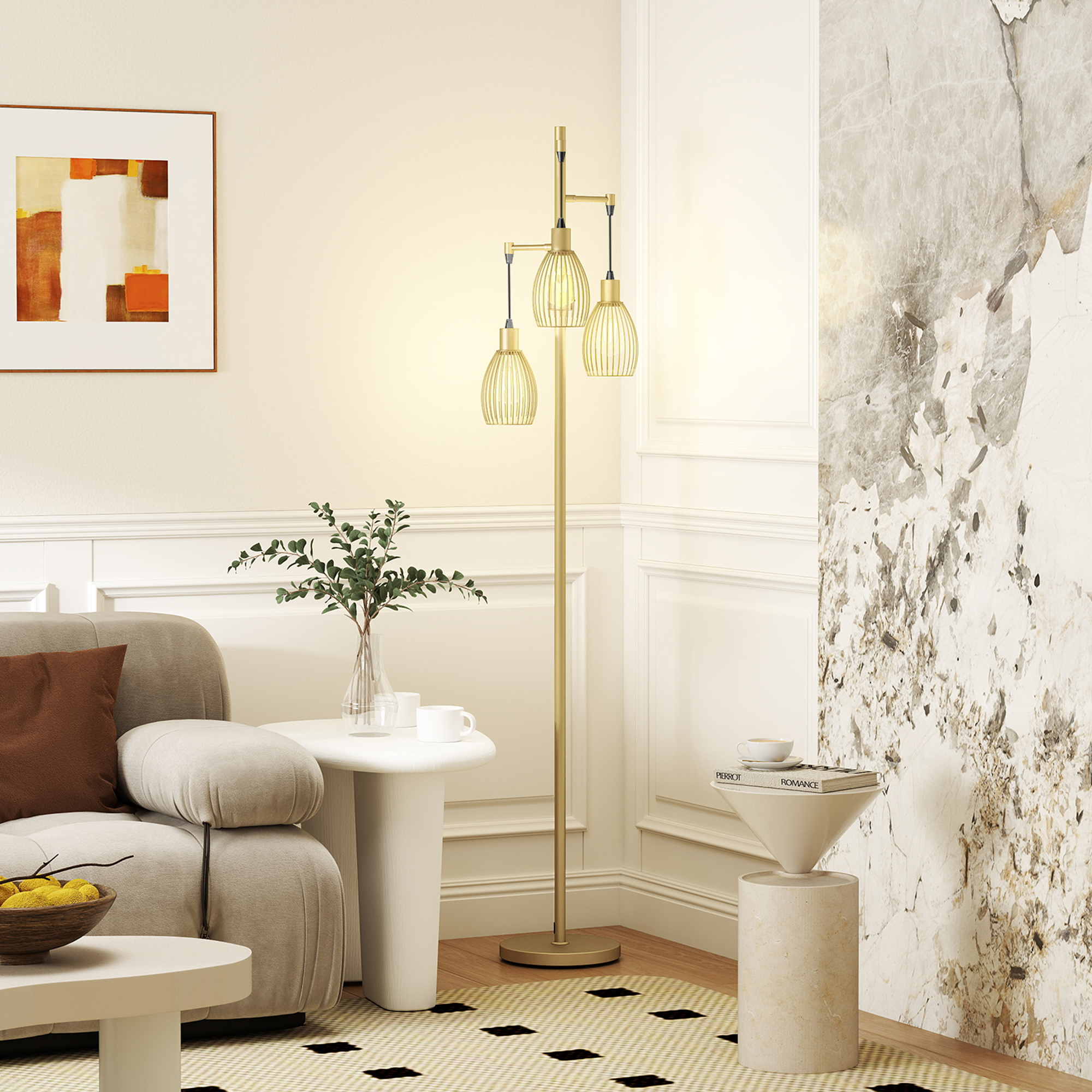 HOMCOM Industrial Floor Lamp with 3 Hanging Wire Lampshades, Dimmable Standing Lamp for Living Room, Gold Aosom Canada